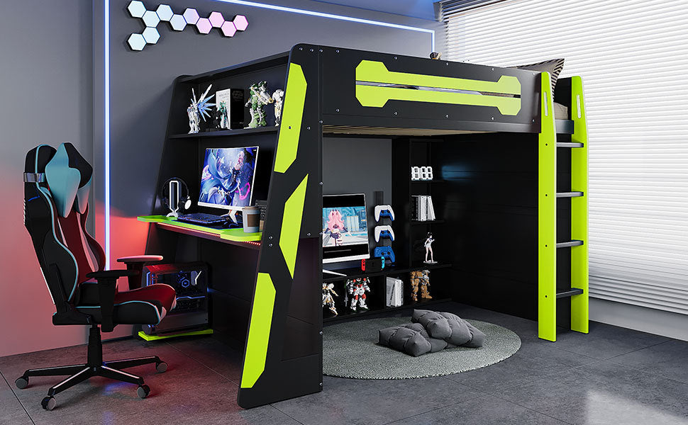 Full Size Wood Loft Bed with Desk, Multi-storage Shelves and RGB Light, Green