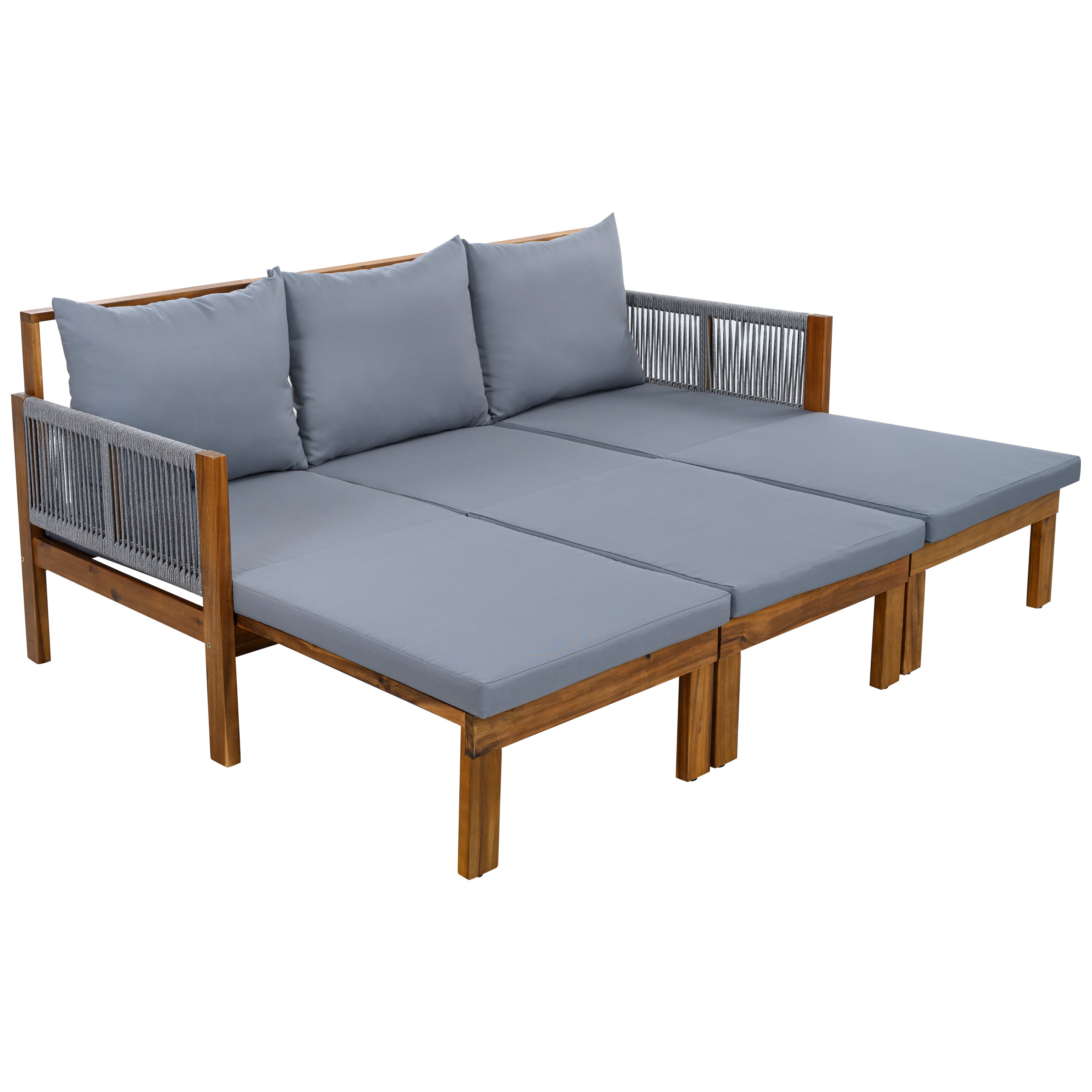Chaise Lounge Acacia Wood Rope Natural Gray Cushion Convertible 3 Seat
