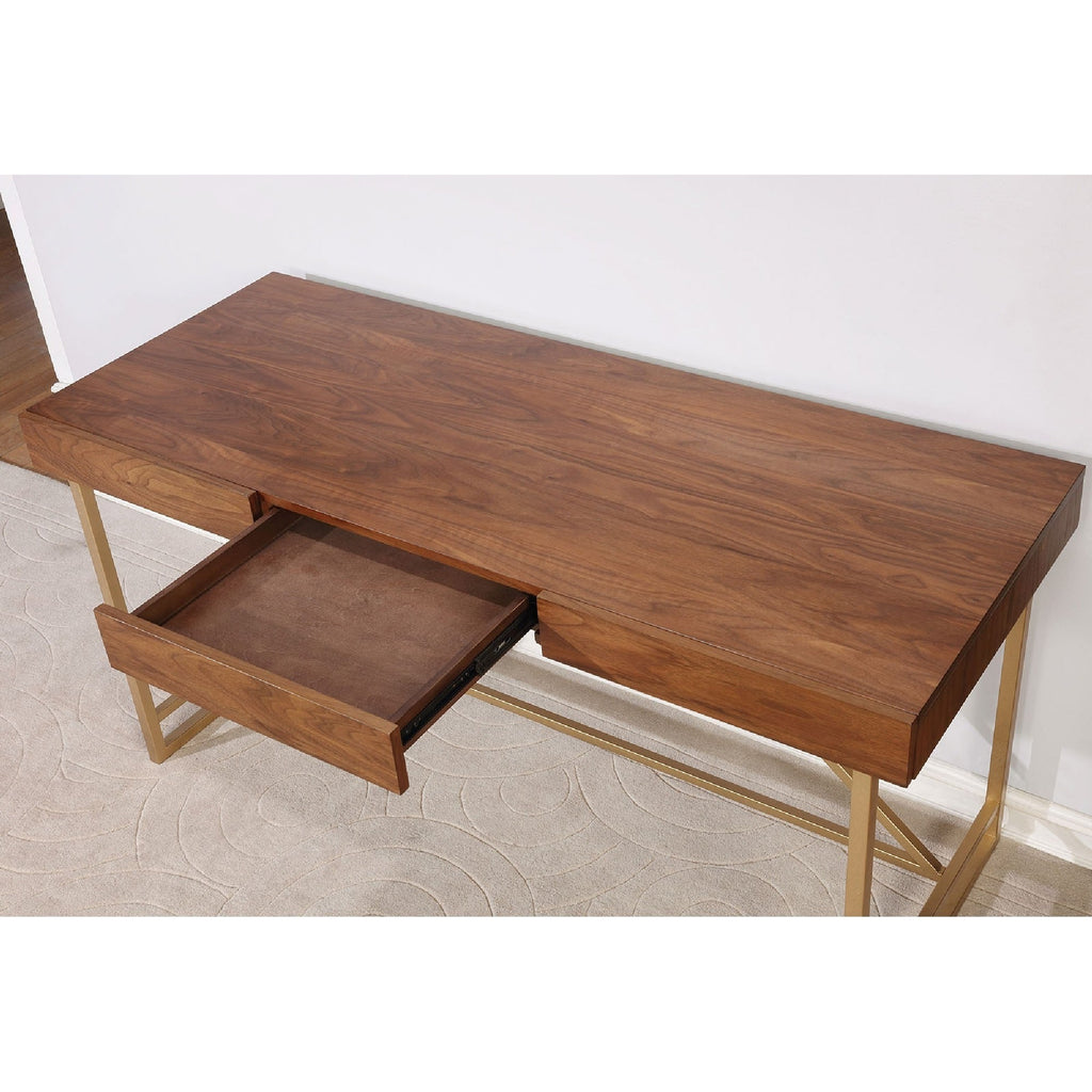 Writing Desk Modern Walnut Wood Gold Metal Legs 60x24x30 In