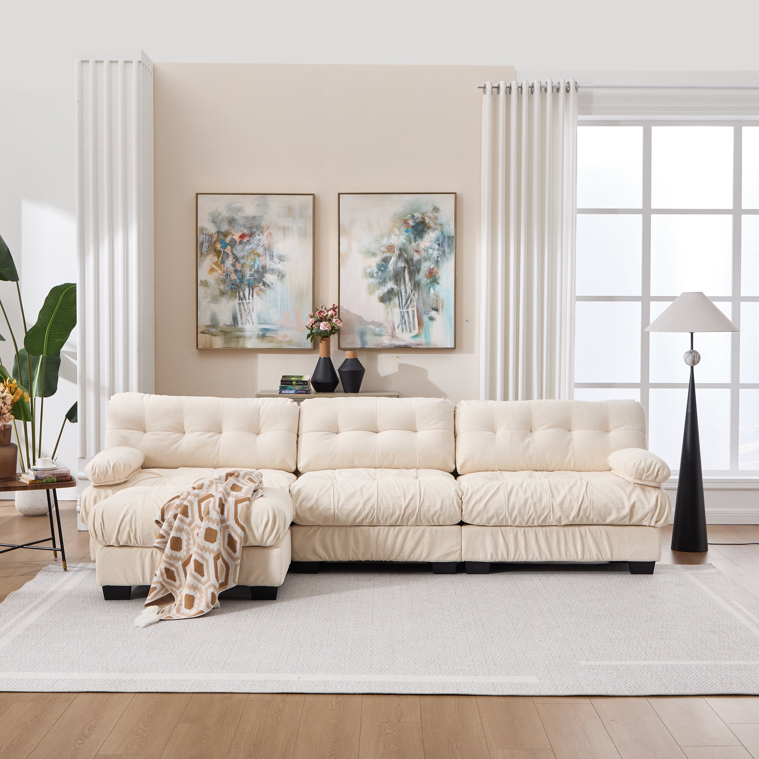Sectional Sofa L-Shape Flannelette Beige 4 Seat Ottoman 123 In Deep Seat