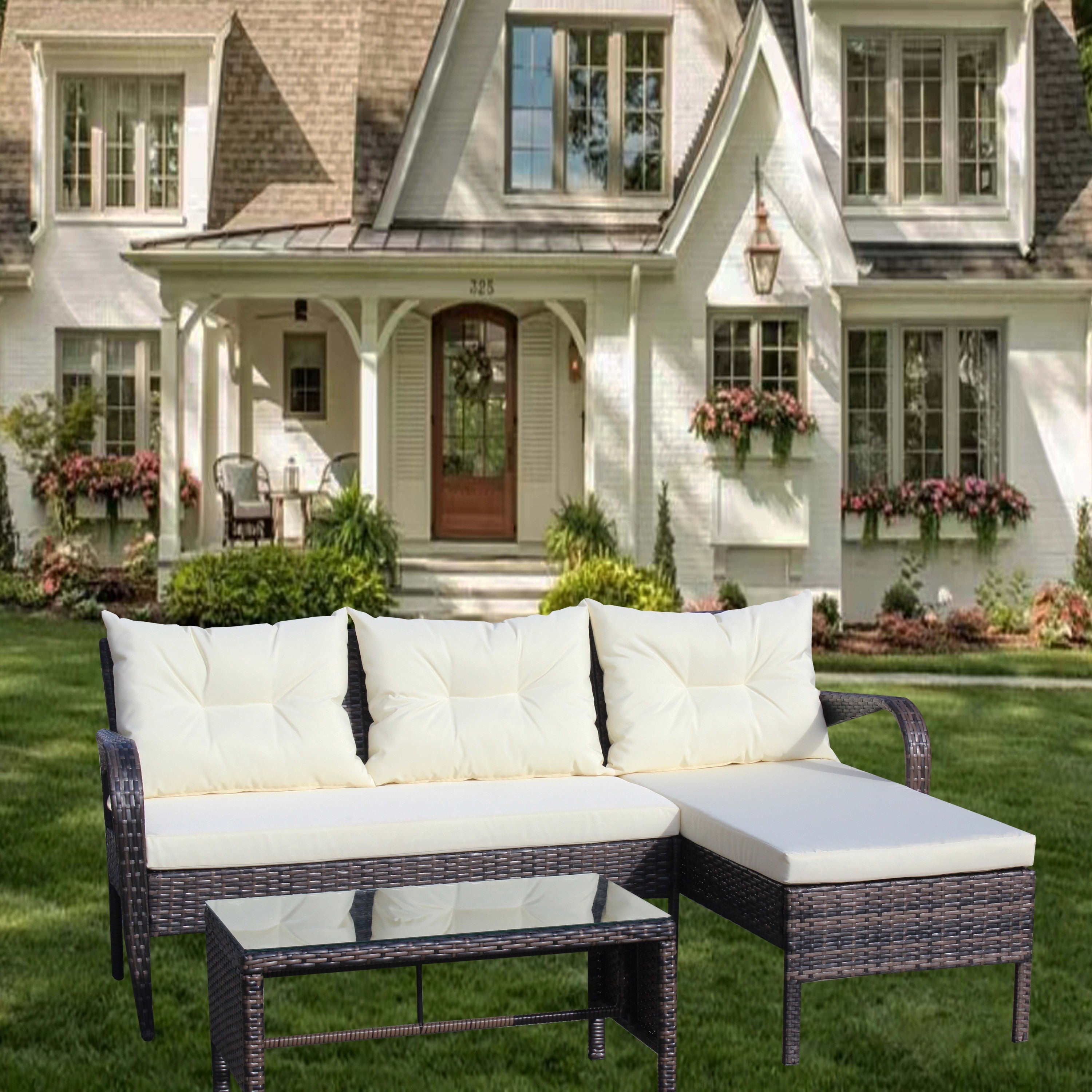 Outdoor Sectional Set PE Rattan Steel Brown Beige Cushion 3 Piece 560 LB