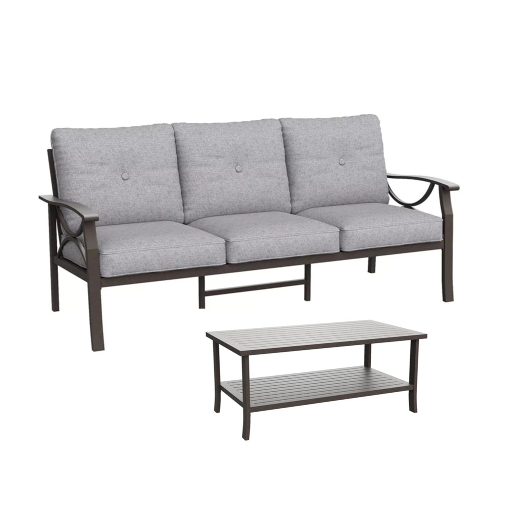 Outdoor Patio Set Steel Khaki 2 Piece 3 Seat Sofa 4 in Cushions Coffee Table