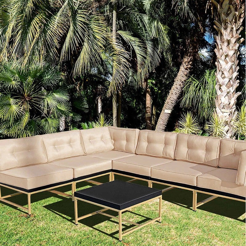 Outdoor Sectional Set Iron Frame Brown Beige 7 Piece Glass Table 106 In