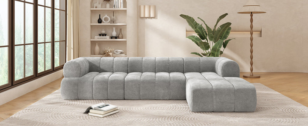 Sectional Sofa L-Shape Polyester Gray 4 Seat 122 In Chaise No Assembly