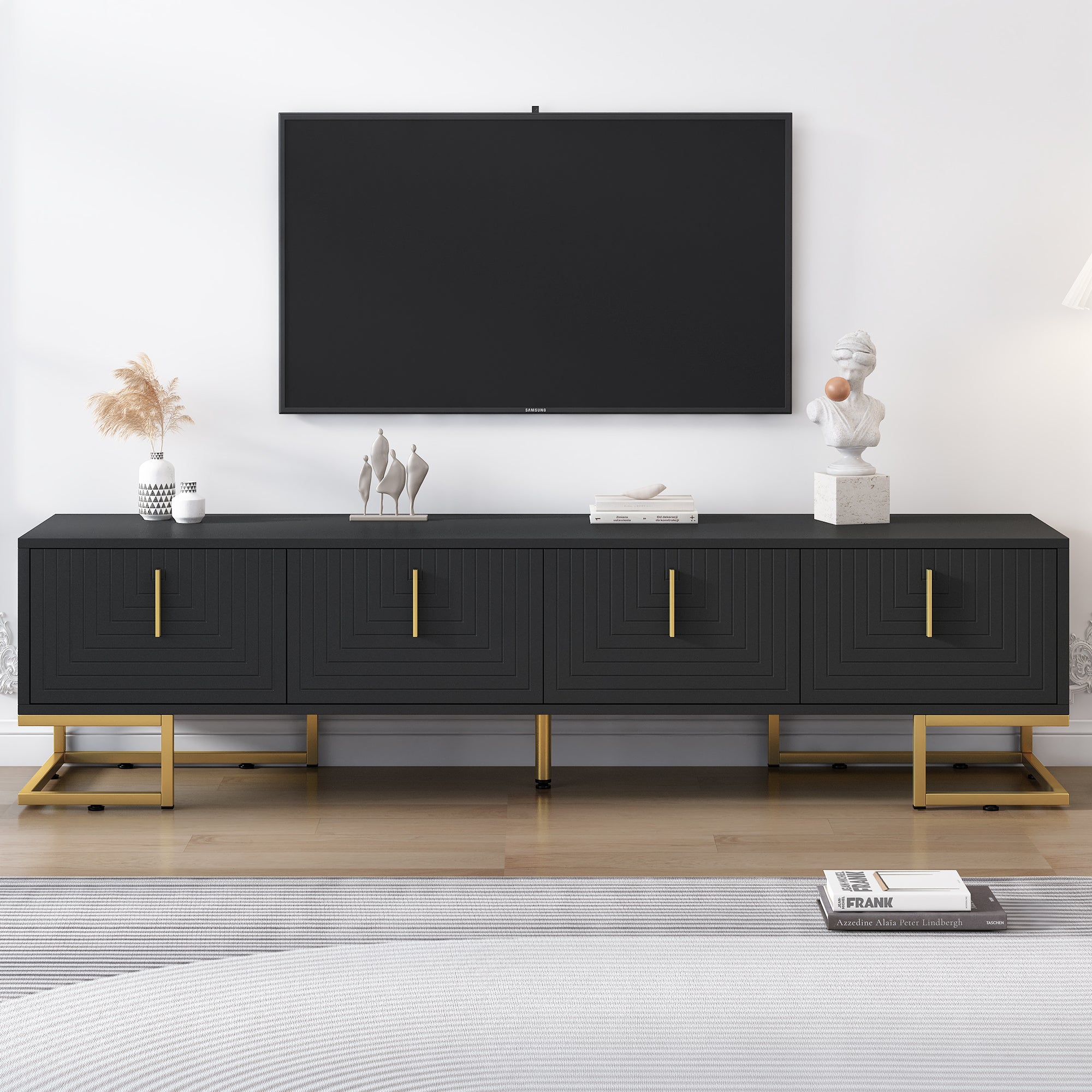 TV Stand Modern Black Gold Geometric Door MDF Adjustable Shelves Fits 80 In