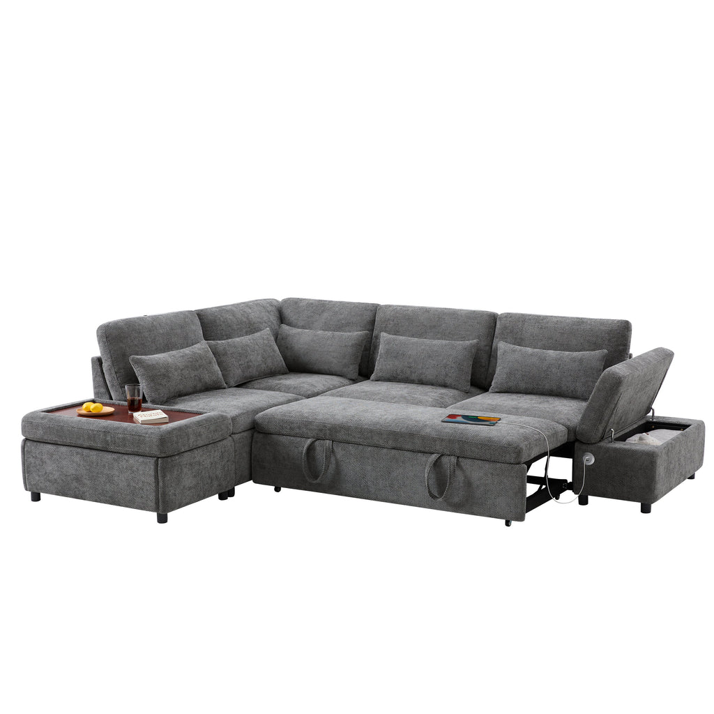 Sofa Bed L-Shape Chenille Gray 6 Seat Pull-Out USB Ports 107 In