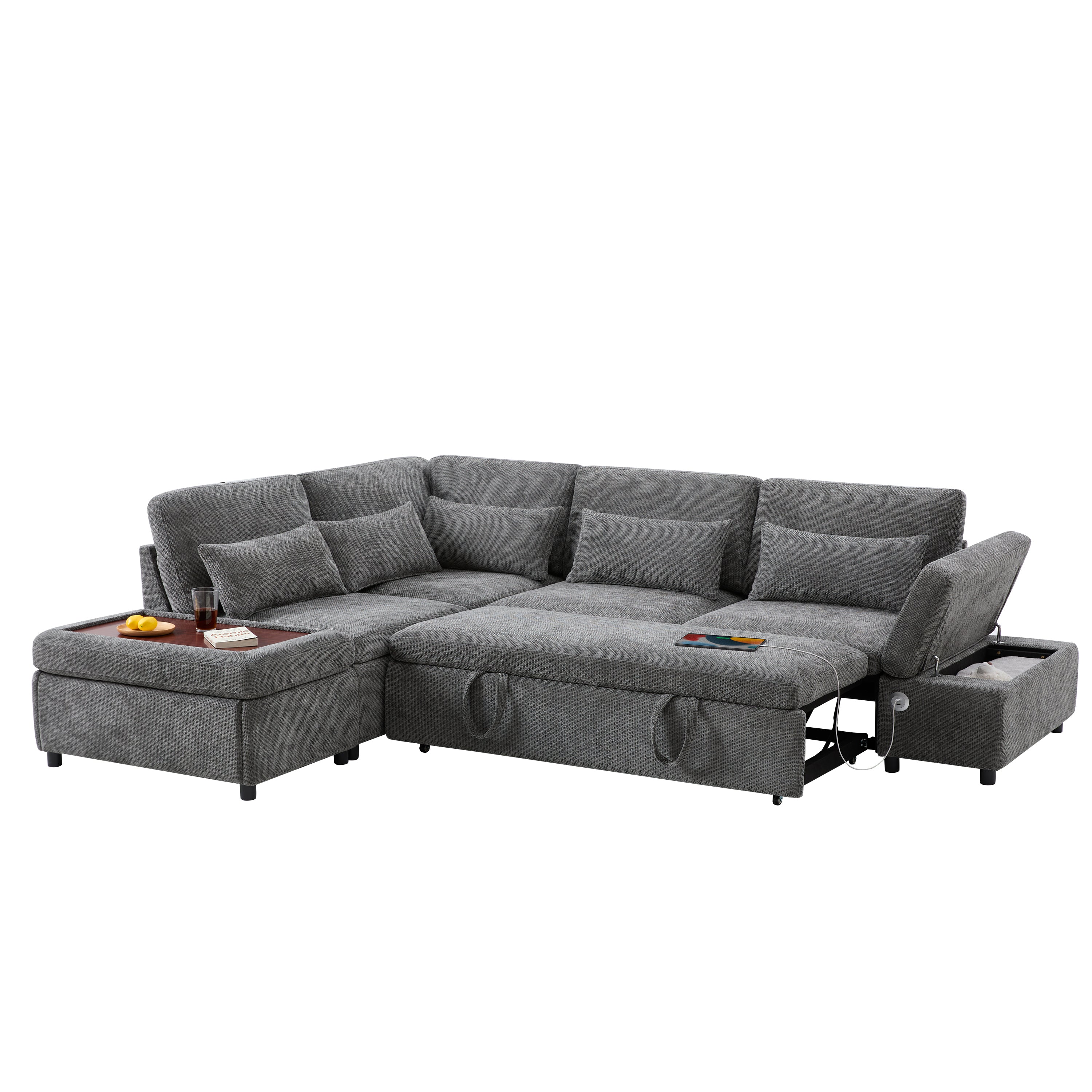 Sofa Bed L-Shape Chenille Gray 6 Seat Pull-Out USB Ports 107 In