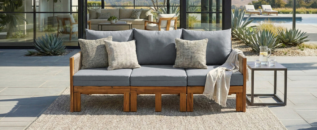 Chaise Lounge Acacia Wood Rope Natural Gray Cushion Convertible 3 Seat