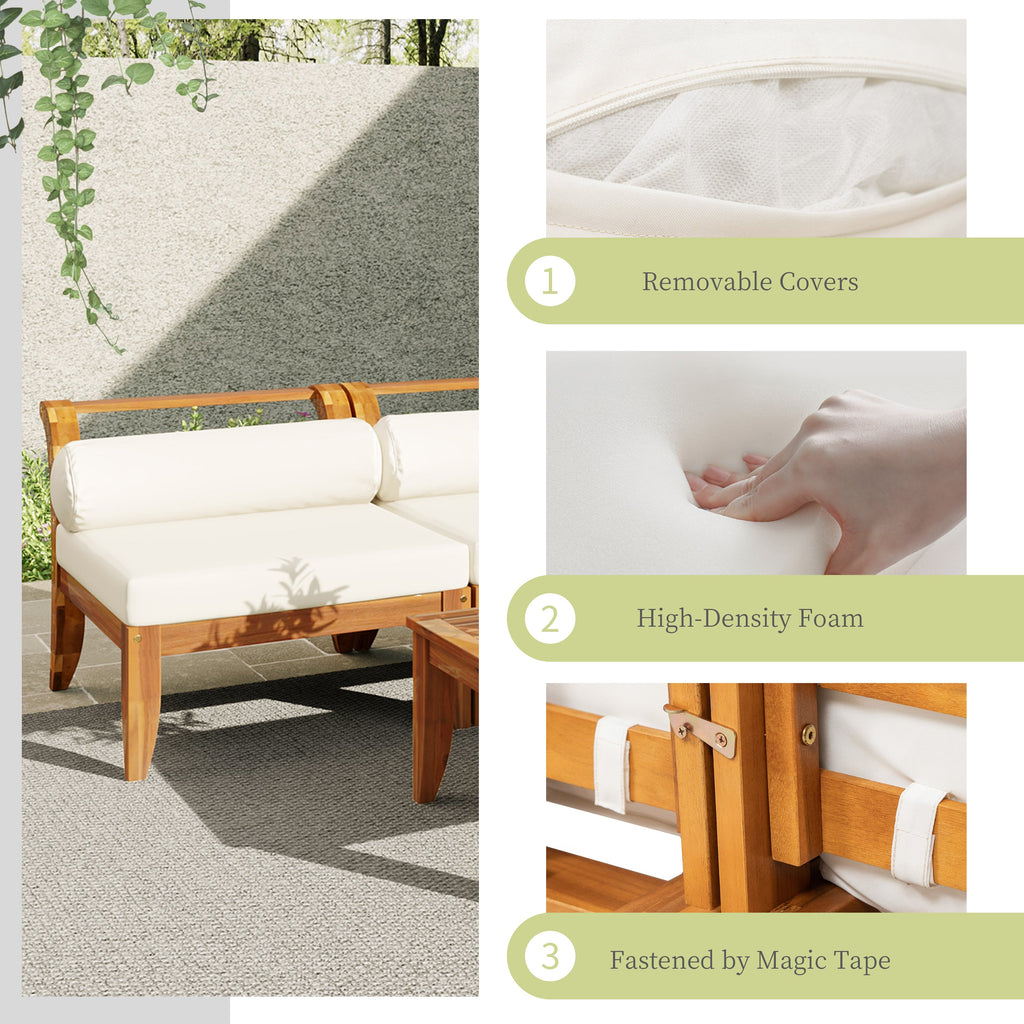Outdoor Patio Set L-Shape Acacia Wood Teak Beige Cushions 6 Piece