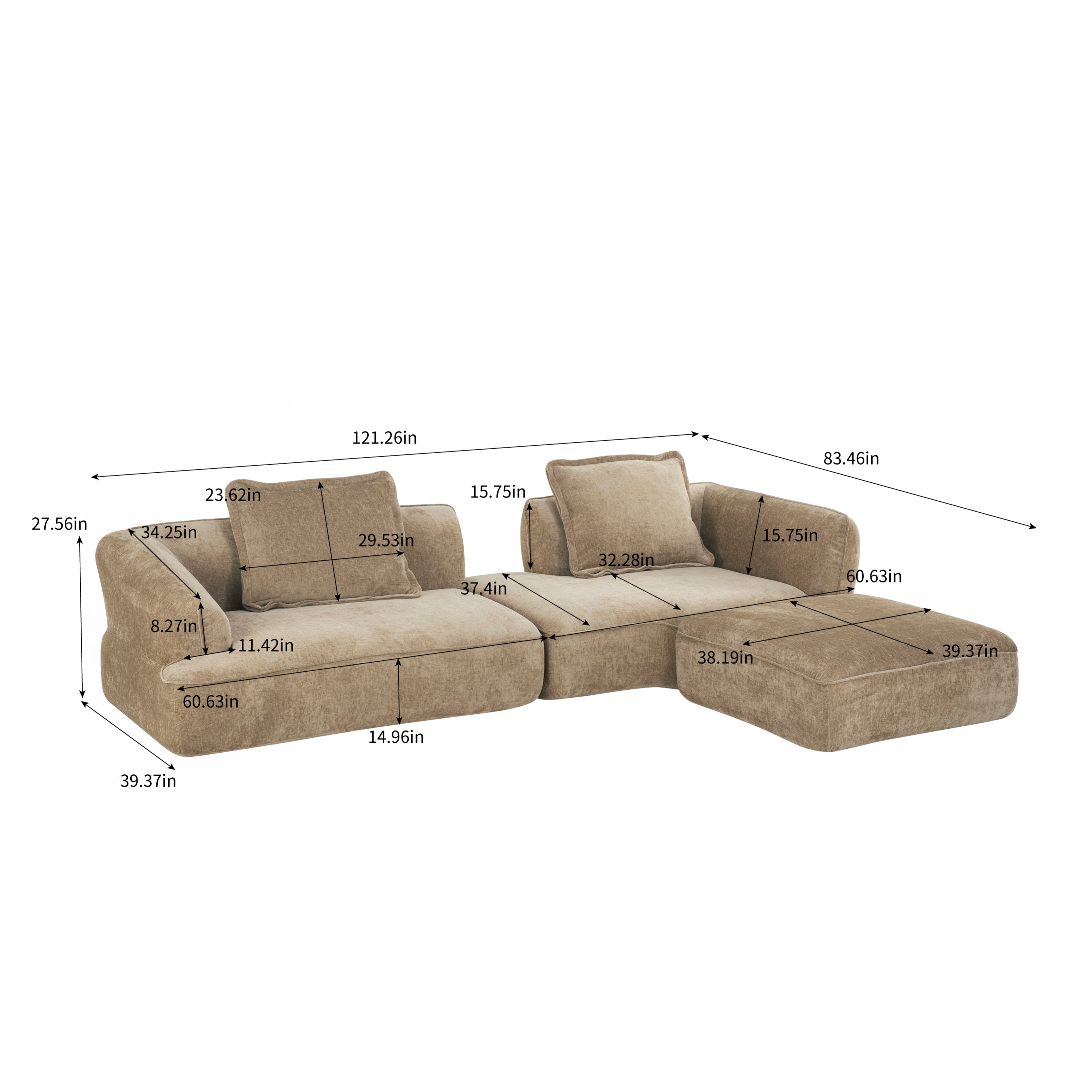 Sectional Sofa L-Shape Deep Seat Polyester Off-White 4 Seat 122 In