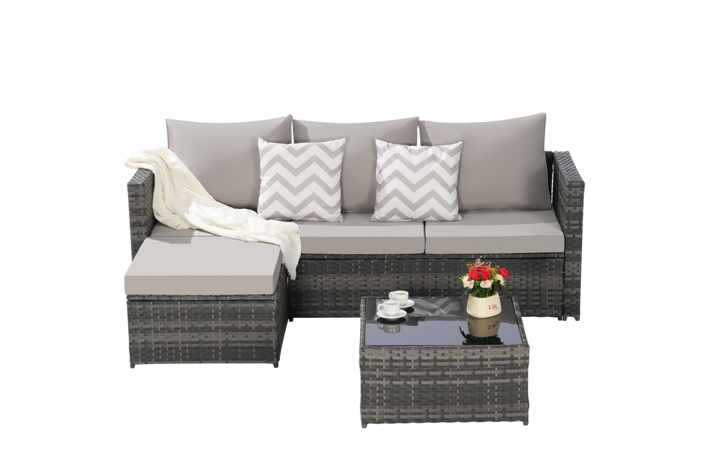 Outdoor Sectional Set PE Rattan Steel Light Gray L-Shape 3 Piece Seats 4