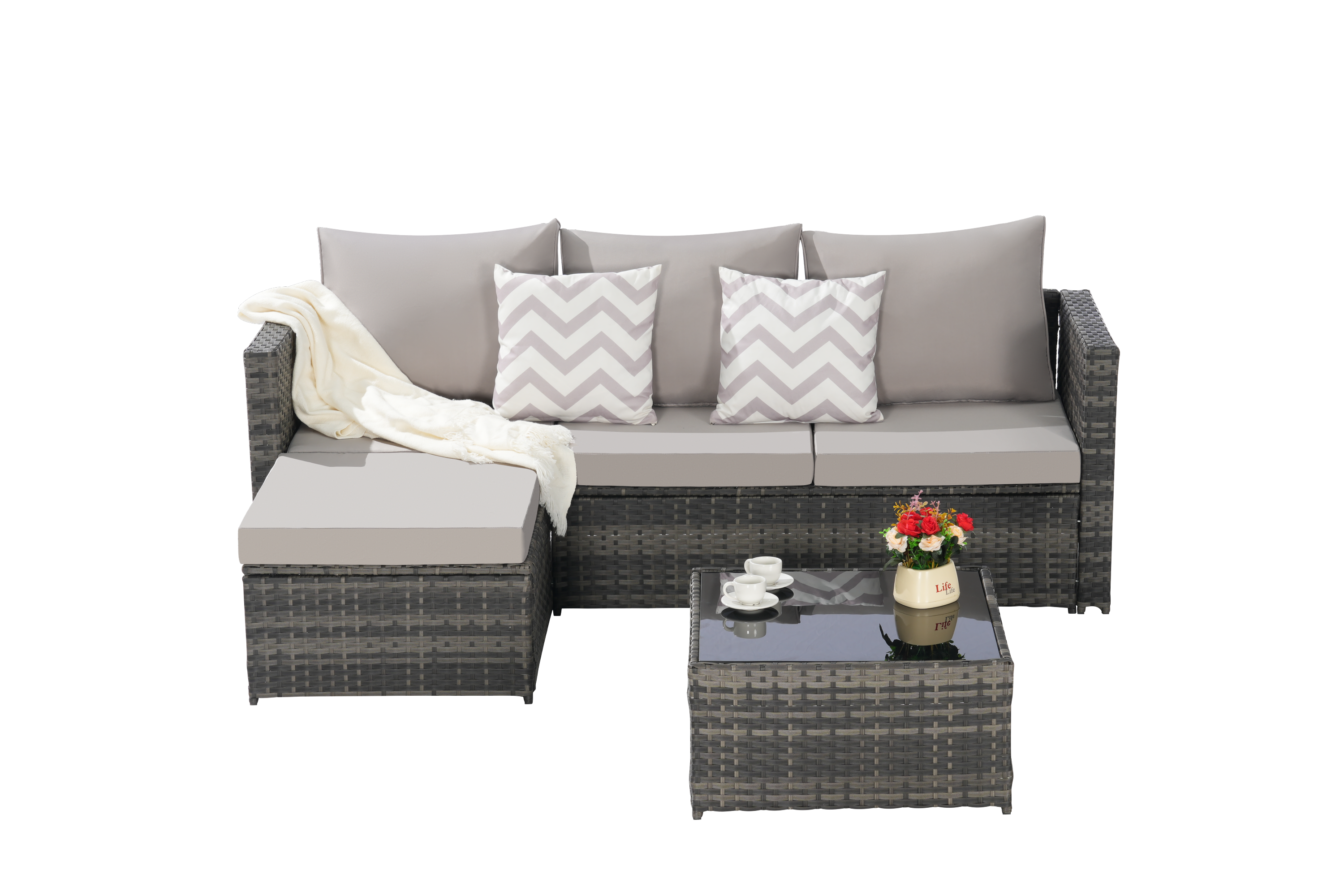 Outdoor Sectional Set PE Rattan Steel Light Gray L-Shape 3 Piece Seats 4