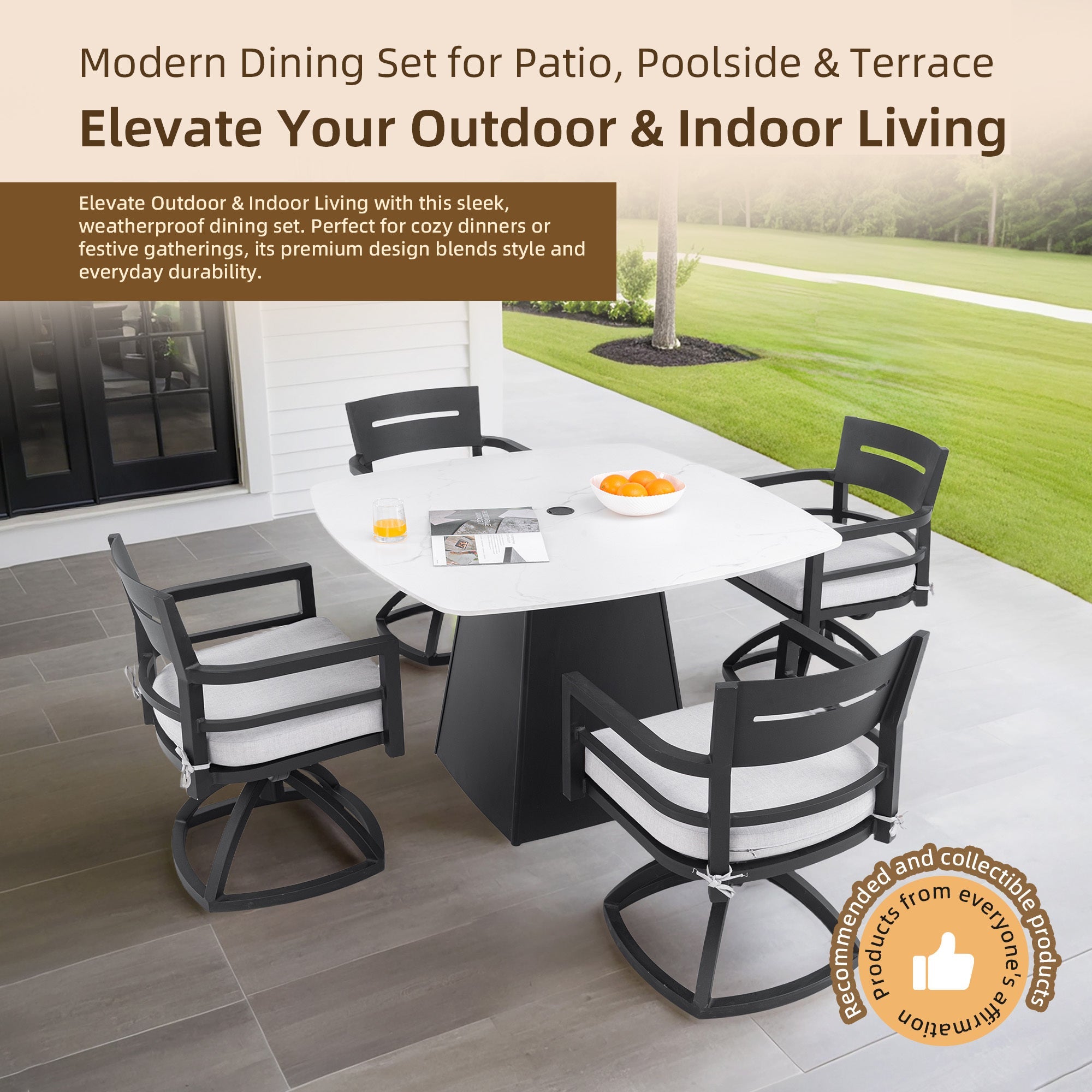 Outdoor Dining Set Aluminum Sintered Stone Black Squircle 5 Piece Swivel
