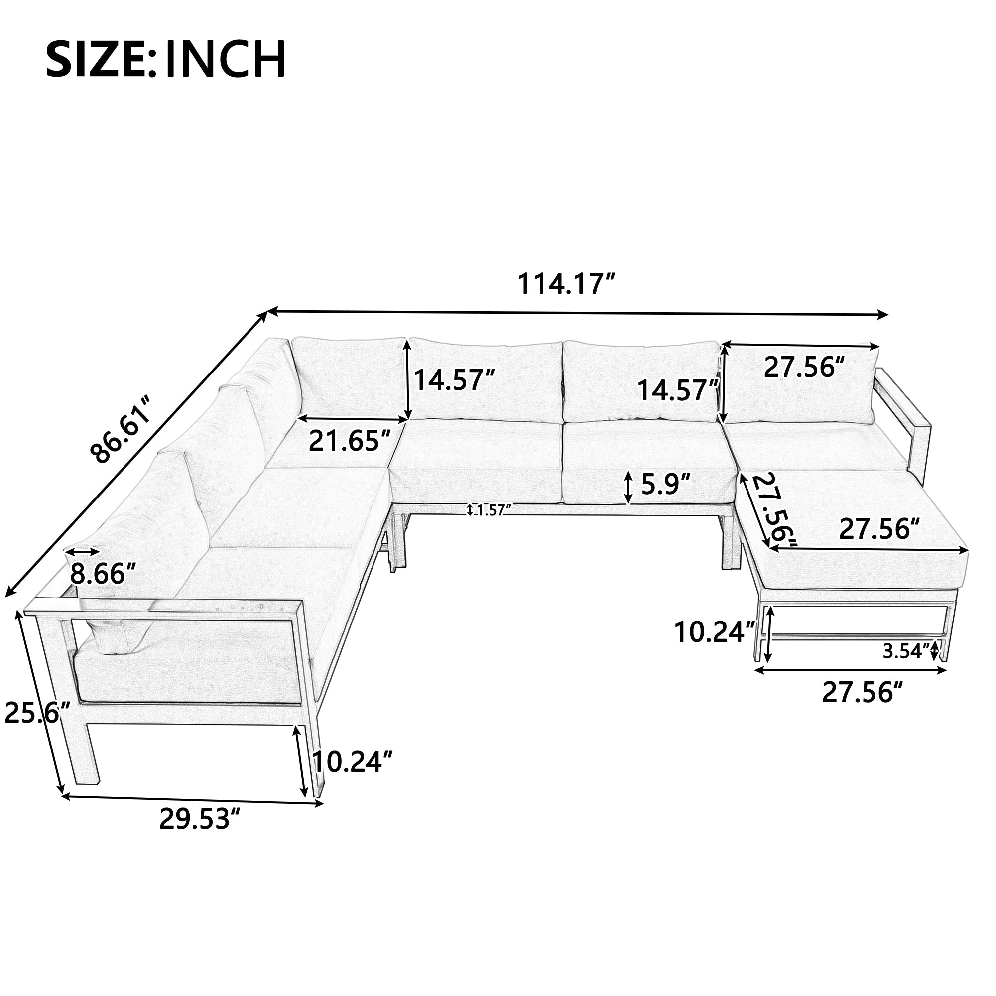 Outdoor Sectional Set Iron Gray U-Shape Seats 5 to 6 5.9 In Cushion