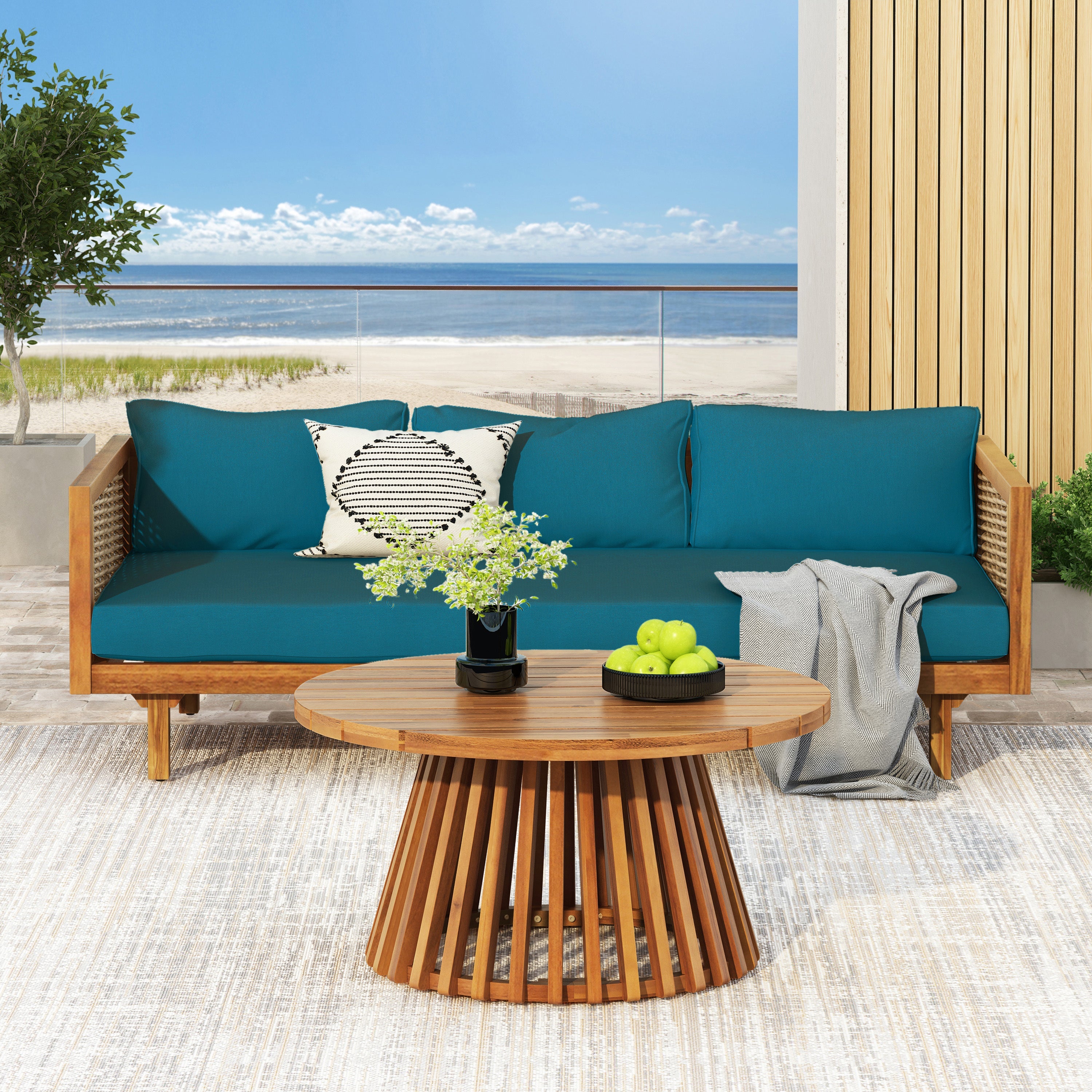 Outdoor Patio Set Acacia Wood Wicker Teak Dark Teal Daybed 2 Piece 600 LB