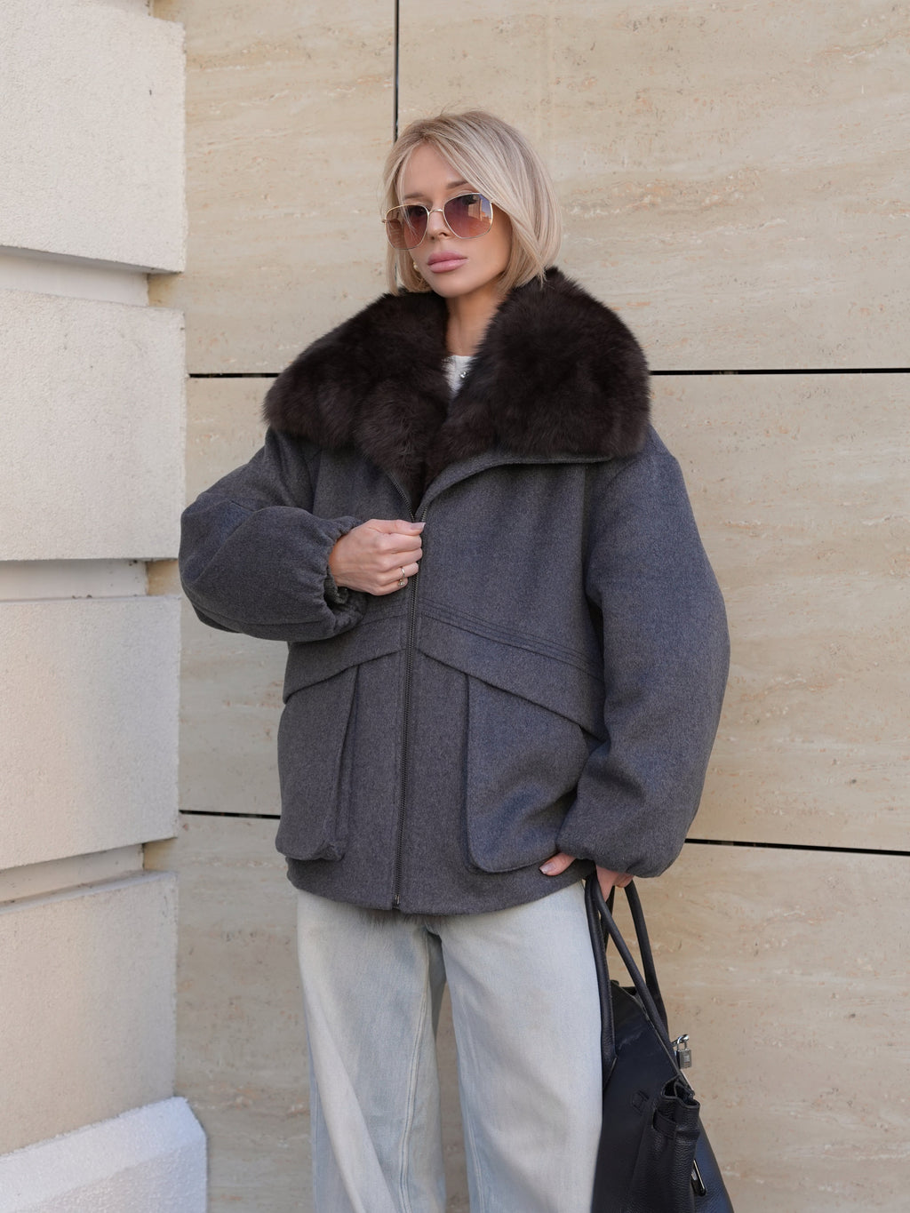 Rimini Genuine Fur Trim Wool Blend Parka in Graphite