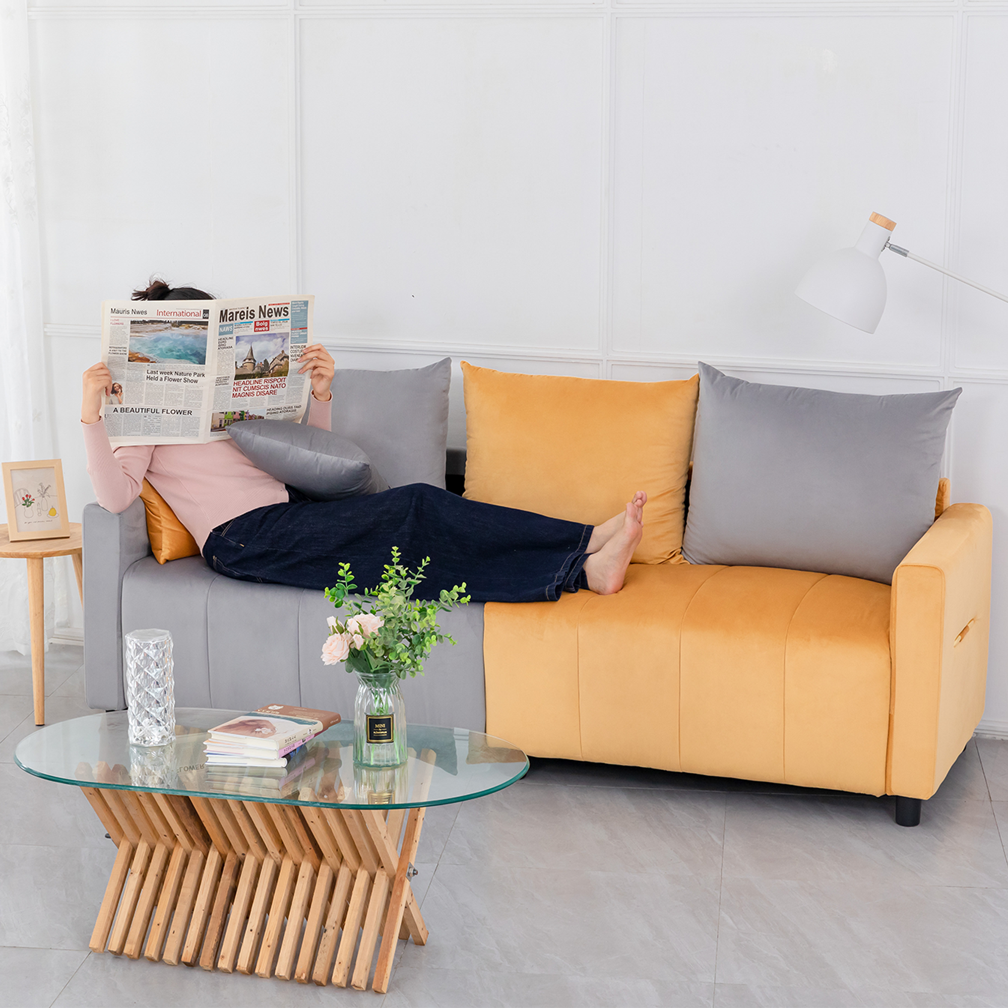 Sofa Modern Velvet Two-Tone Gray Yellow 2 Seat 82 In