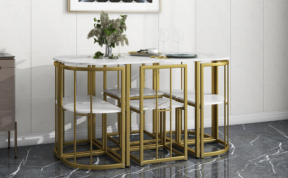 Modern 7-Piece Dining Table Set with Faux Marble Compact 55 In Kitchen Table Set for 6
