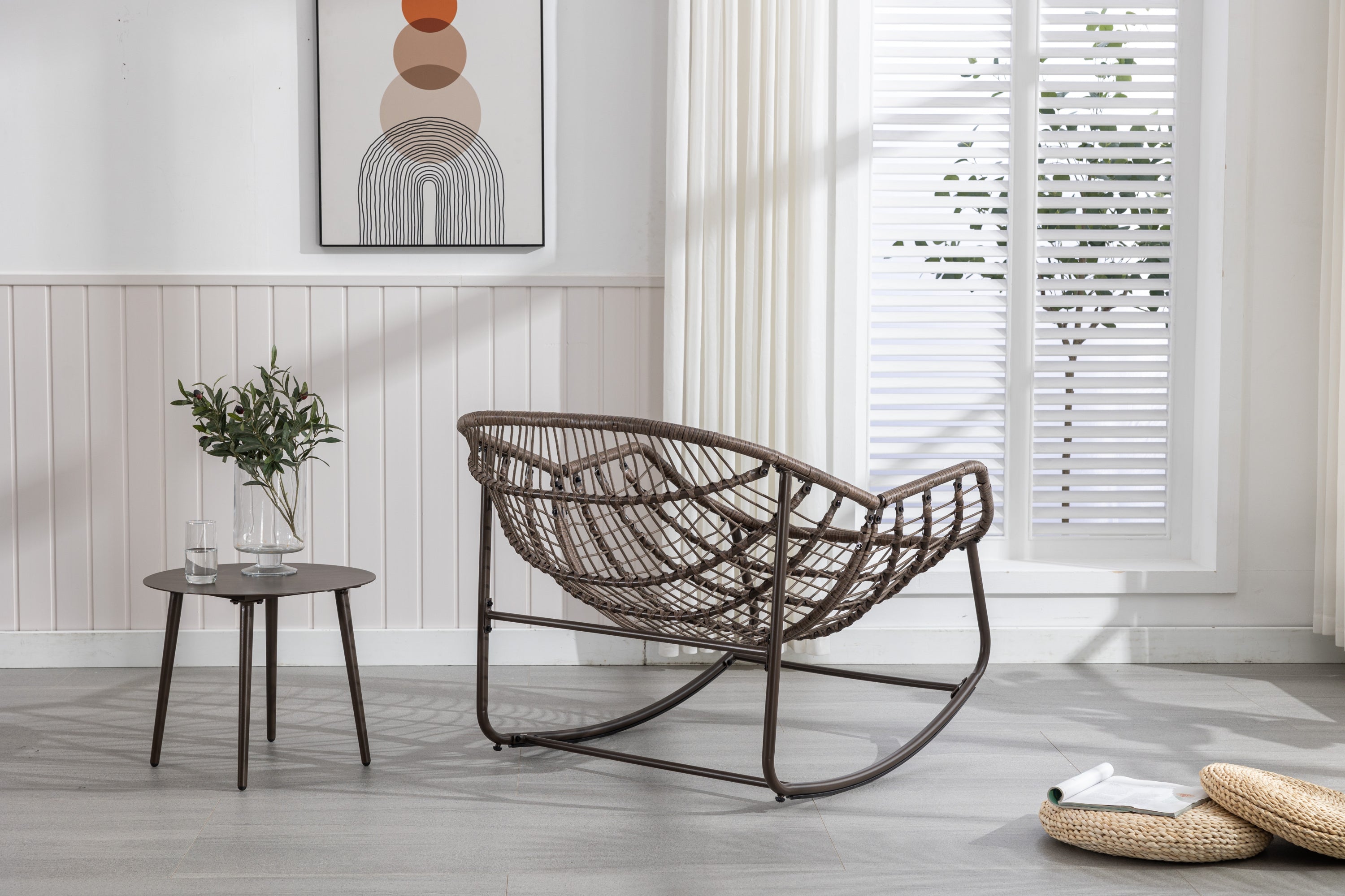 Outdoor Rocking Chair Rattan Steel White Cushion Oversized 250 LB
