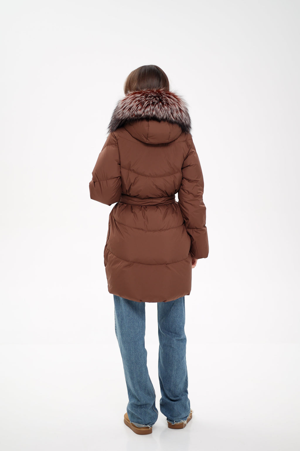 Genuine Silver Fox Down Fill Coat in Chocolate