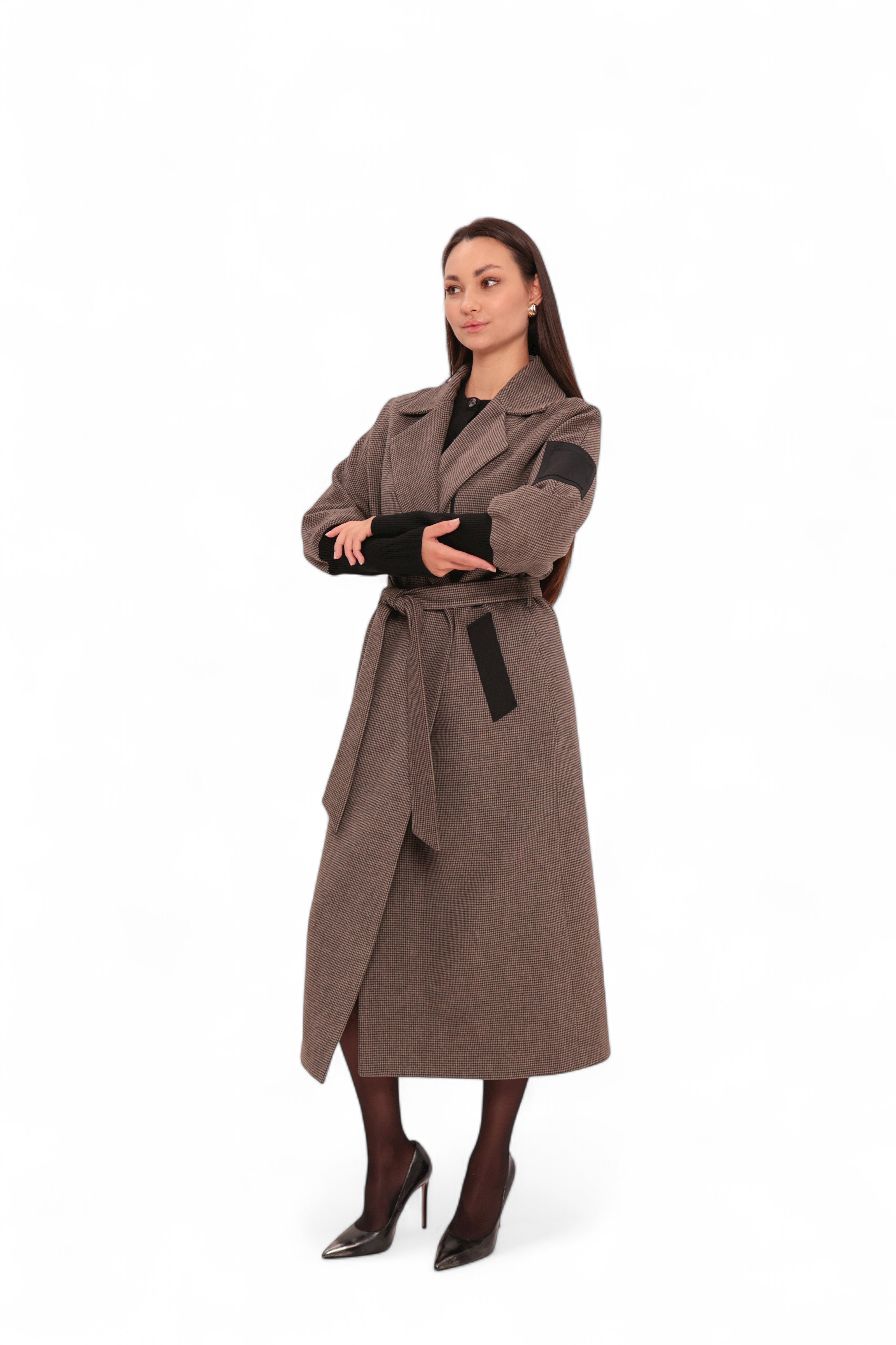 Miru Cashmere Wool Blend Overcoat in Beige Houndstooth