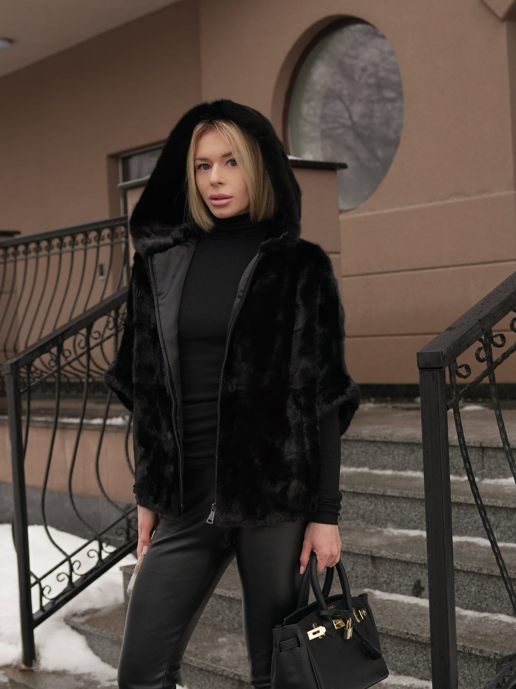 Genuine Scandinavian Mink Fur Poncho with Fully Lined Mink Hood