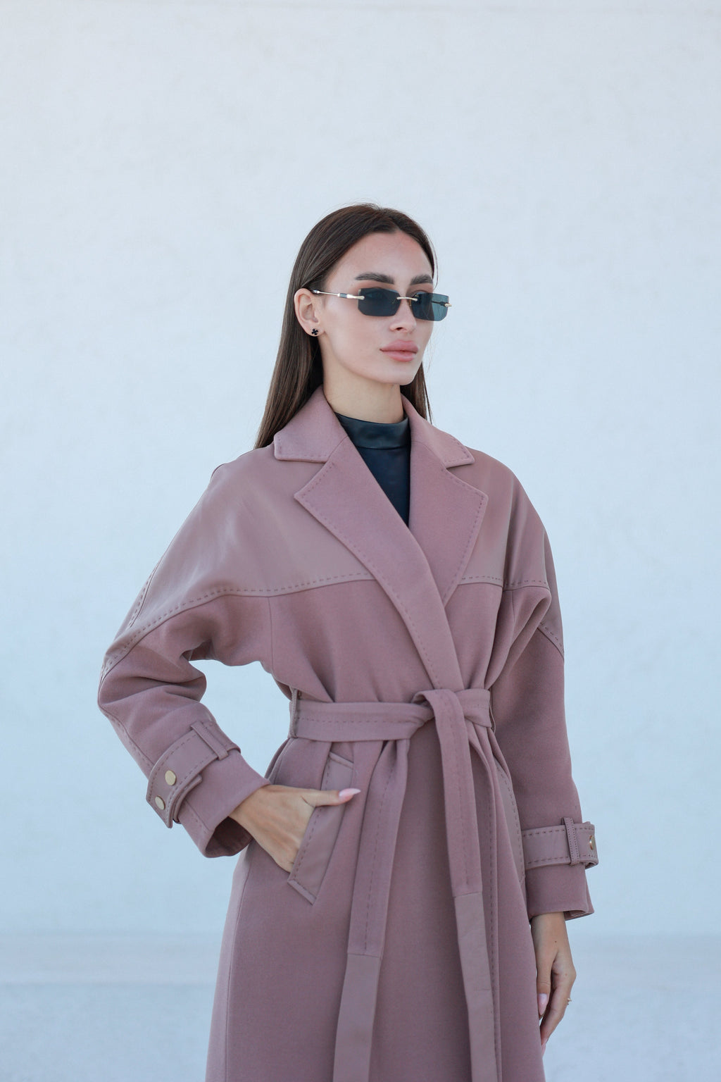 Rose Leather Trim Cashmere Blend Overcoat
