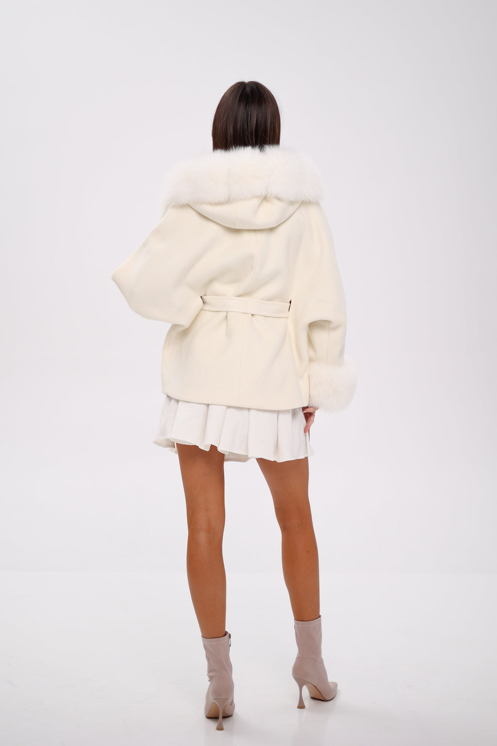 Genuine Polar Fox Fur Wool Hooded Coat