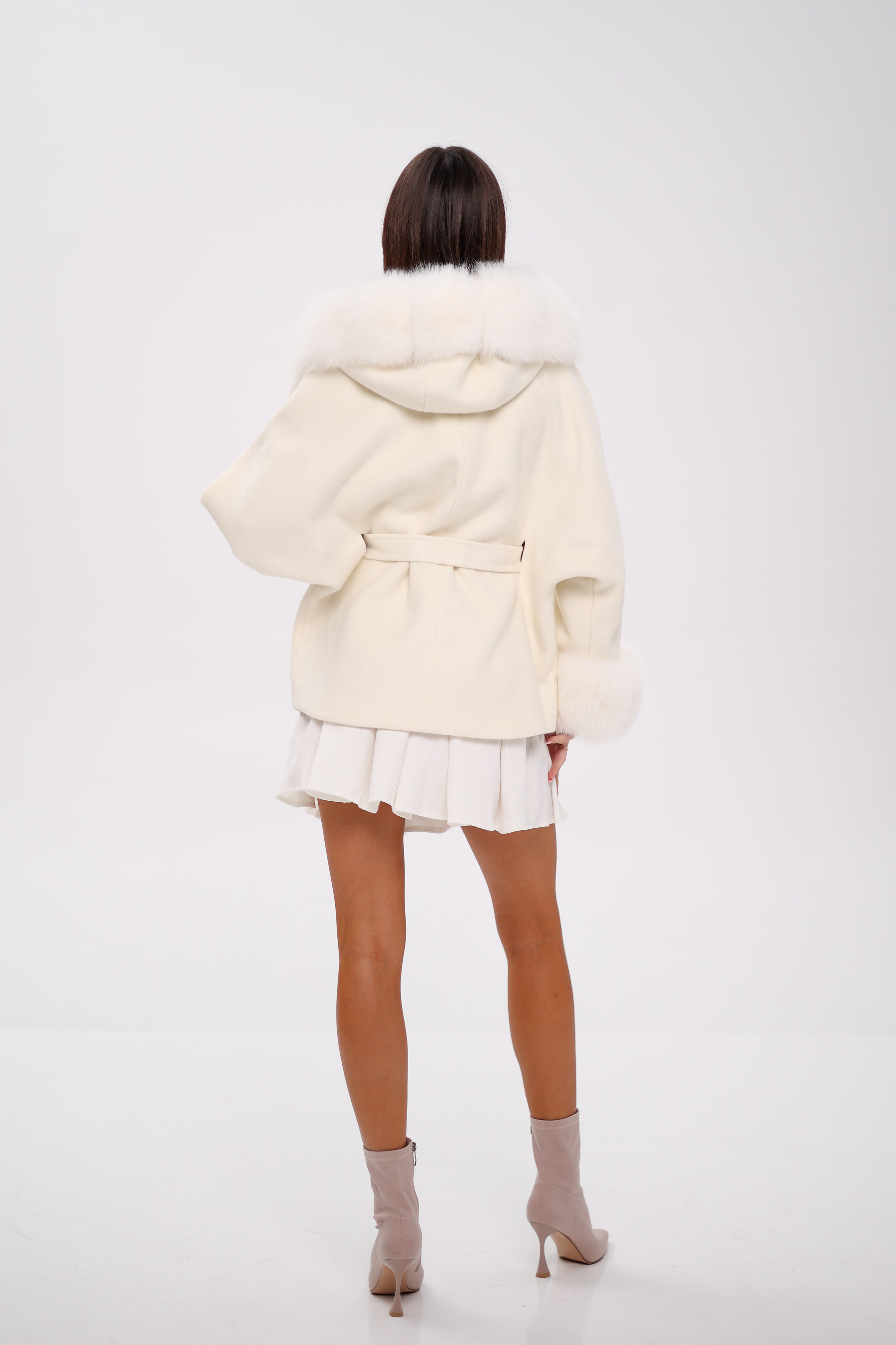 Genuine Polar Fox Fur Wool Hooded Coat