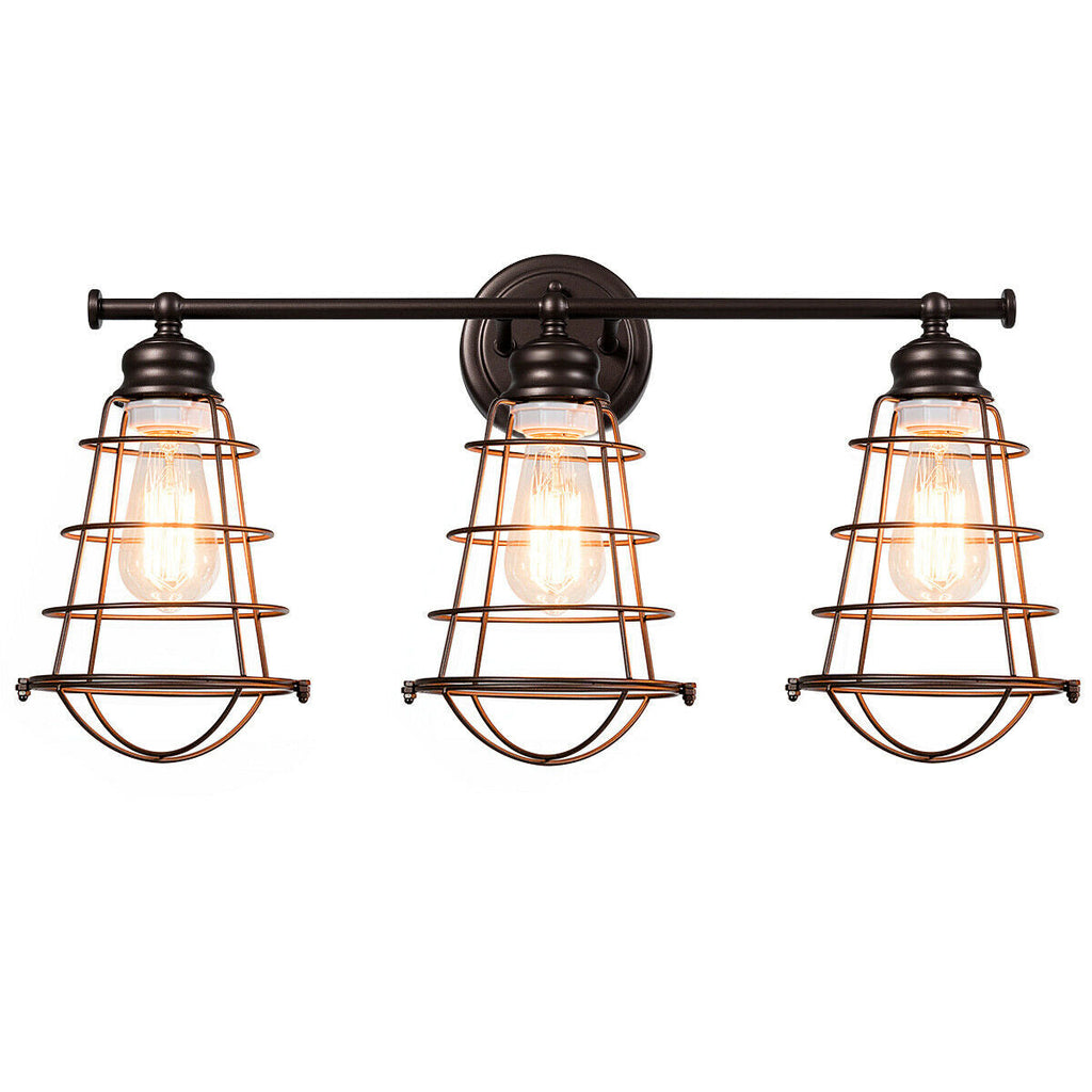 3-Light Vanity Lamp Bathroom Fixture with Metal Wire Cage