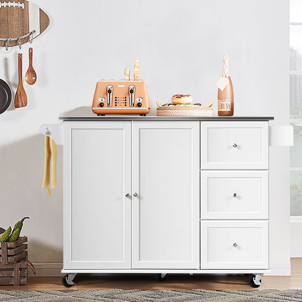 Kitchen Island 2-Door Storage Cabinet with Drawers and Stainless Steel Top