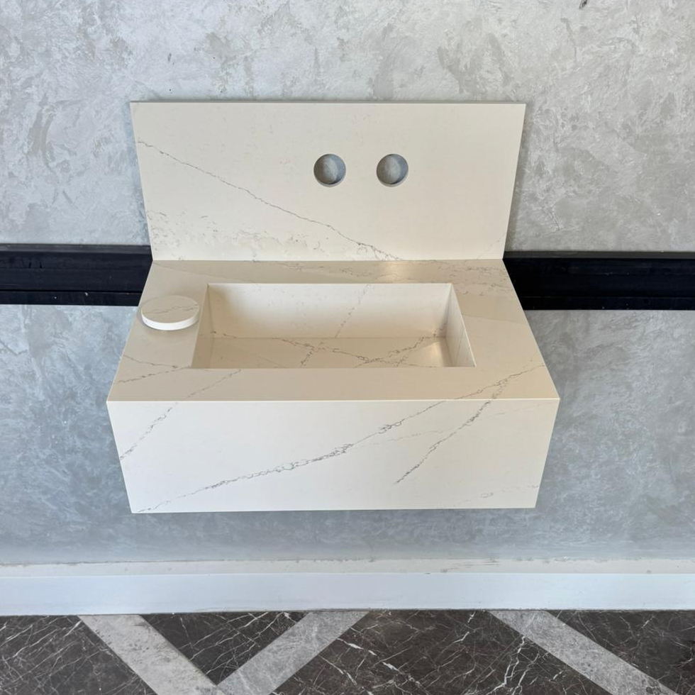 Engineered Quartz Bathroom Vessel Sink Handmade Modern Design Integrated Countertop