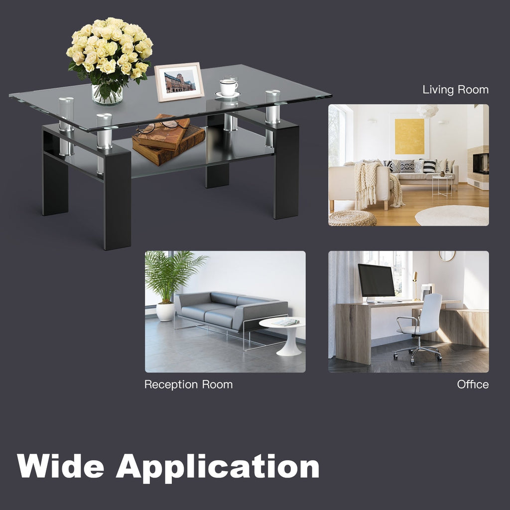 Rectangle Glass Coffee Table with Metal Legs for Living Room