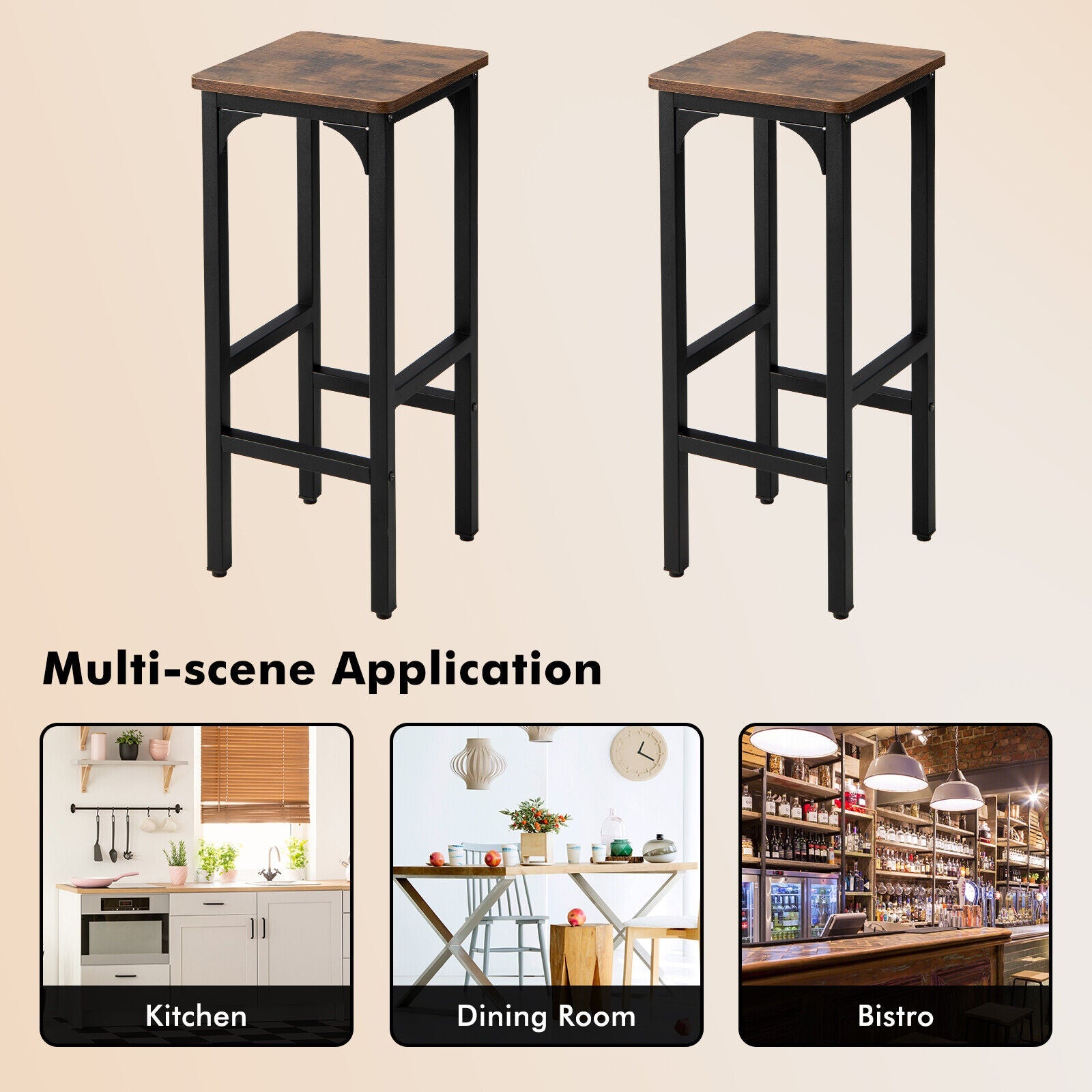 2 Pieces 28 Inch Dining Bar Chair Set with Footrest and Adjustable Pads-Rustic Brown