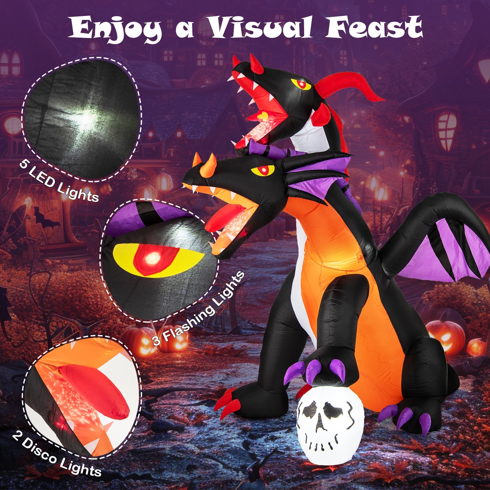 8 Feet Inflatable Twin-Headed Dragon Decoration with Lights
