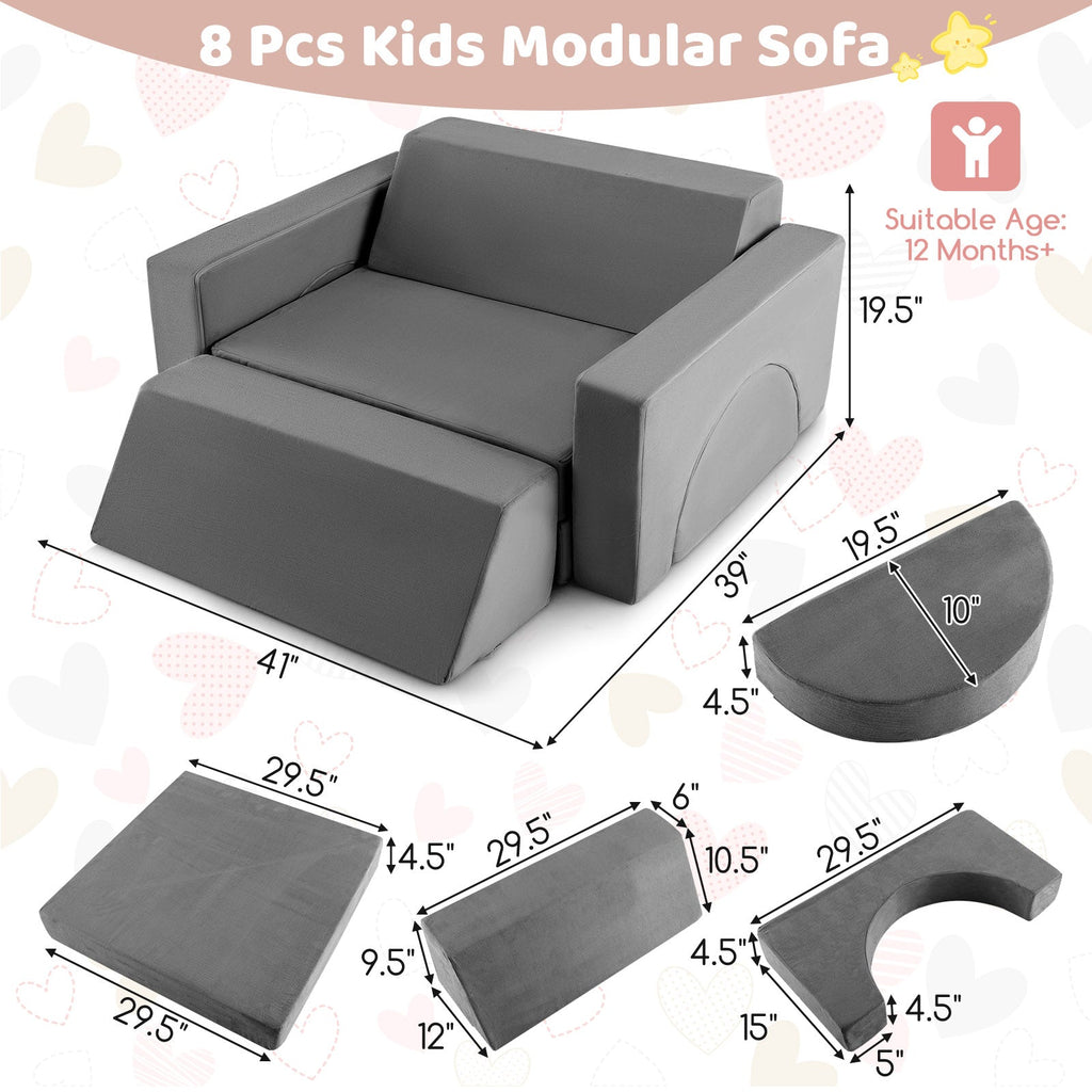 8 Pieces Kids Modular Play Sofa with Detachable Cover for Playroom and Bedroom