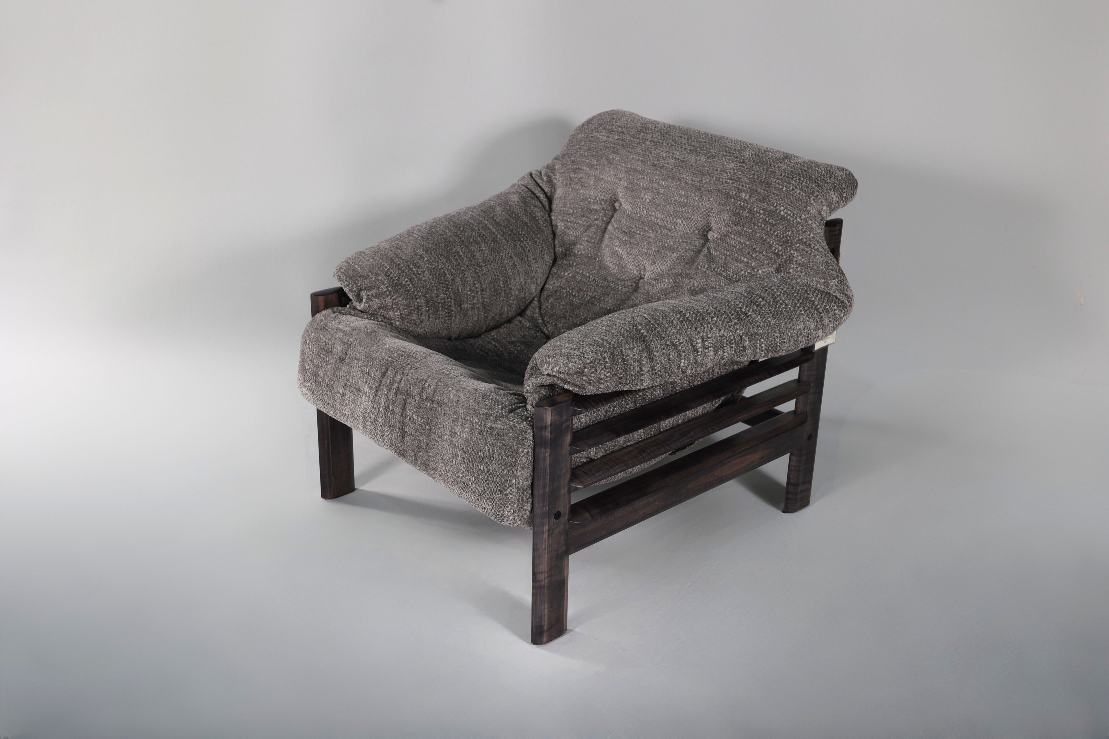 Chair & Ottoman – Oswalt Sterling with Tiger Maple Arms (Black)