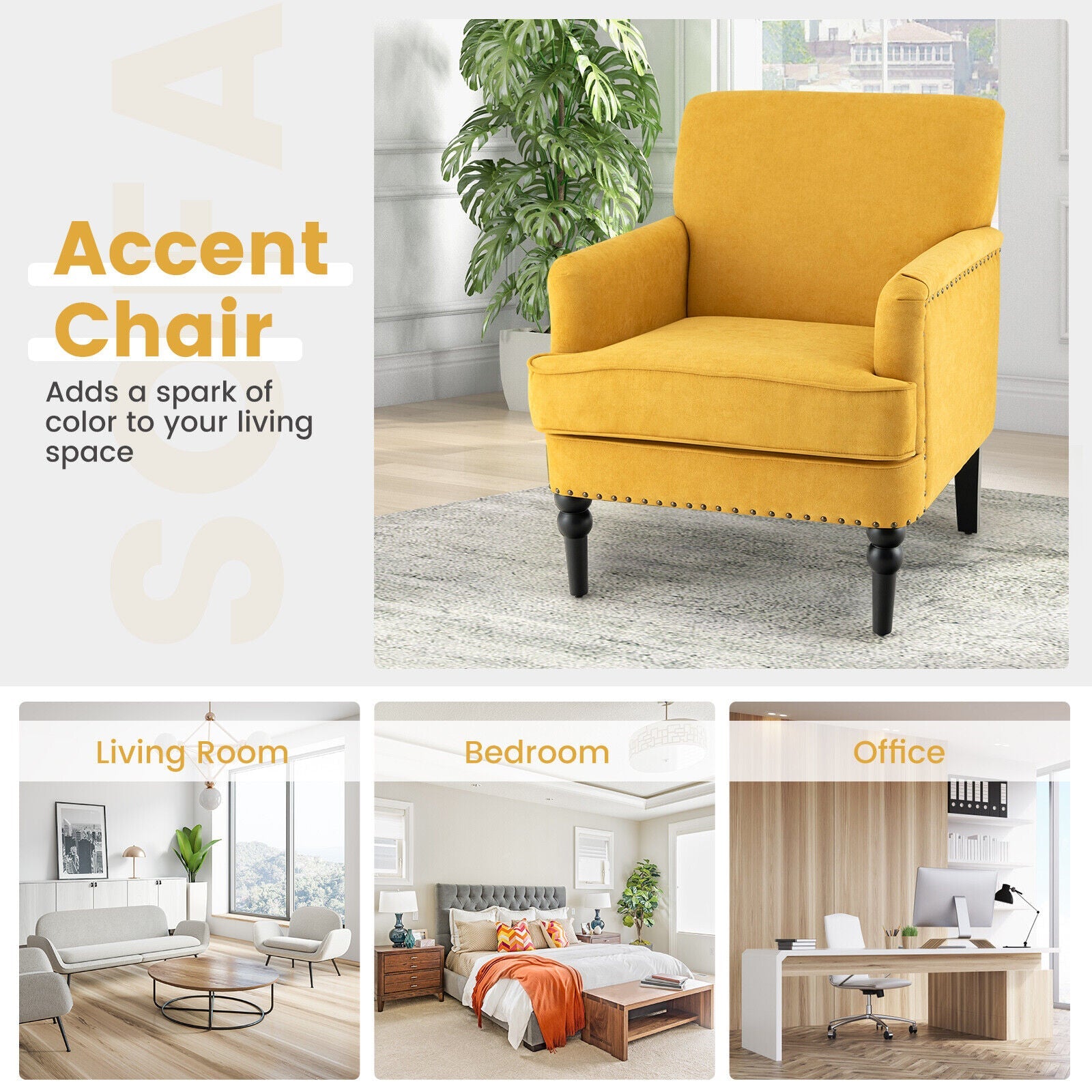 Modern Upholstered Padded Accent Chair with Rubber Wood Legs