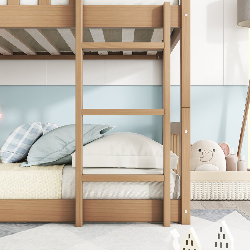 Twin Size Triple Rubber Wood Bunk Bed, with Ladders, Guardrails Detachable Bunk Bed, Twin over Twin over Twin,Natural