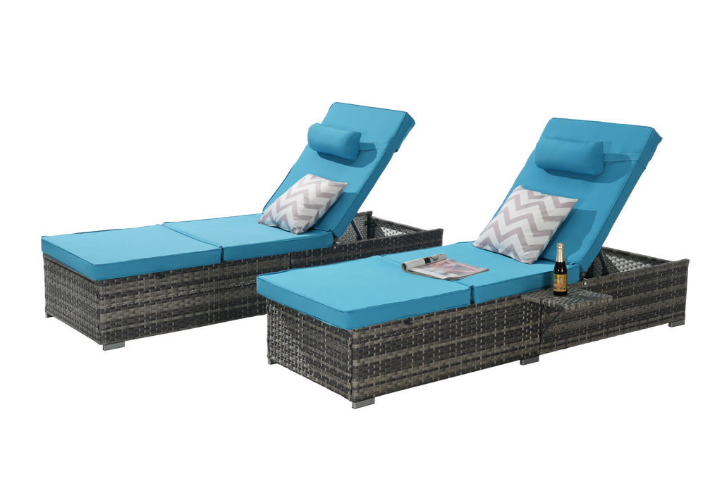 Chaise Lounge PE Rattan Steel Light Blue 5 Position Set of 2 600 LB
