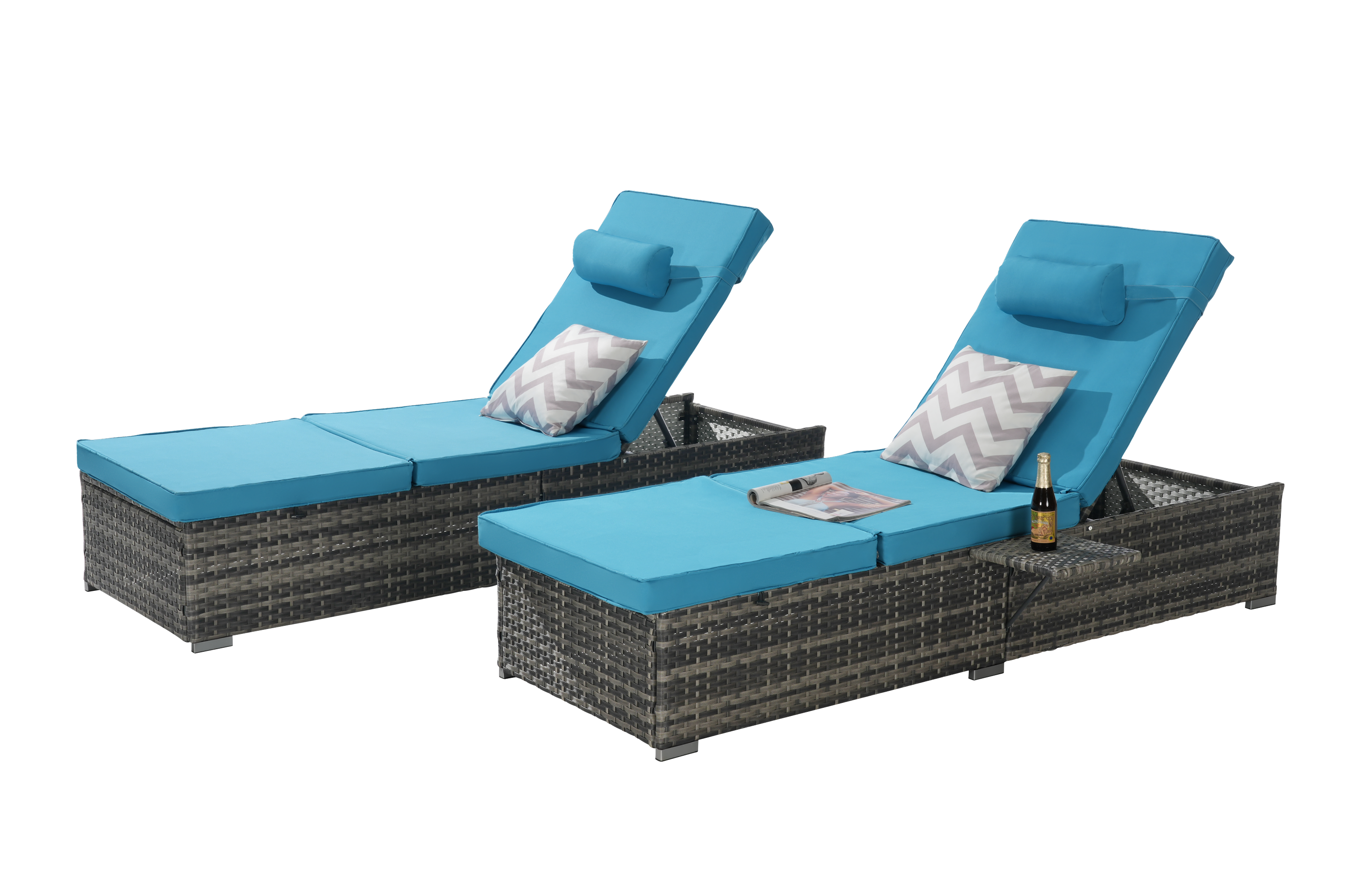 Chaise Lounge PE Rattan Steel Light Blue 5 Position Set of 2 600 LB