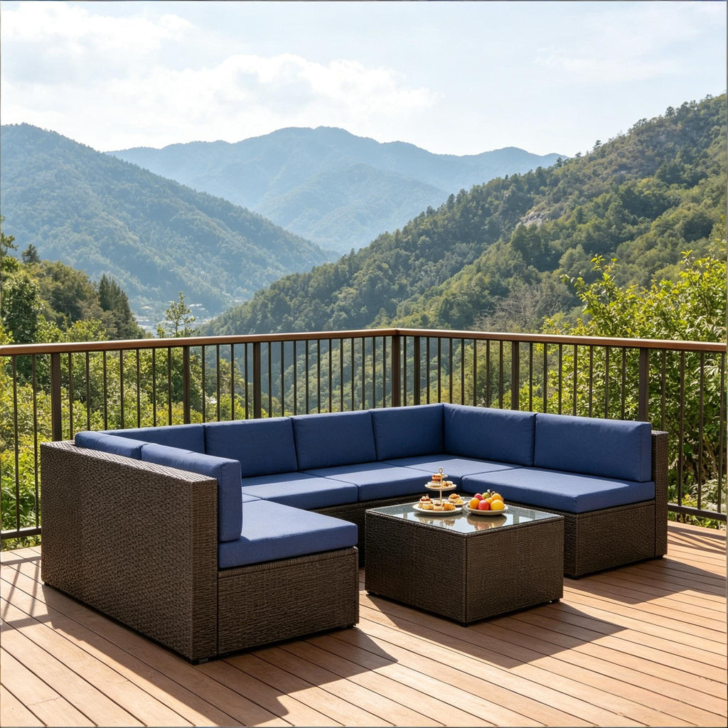 Outdoor Sectional Set PE Rattan Metal Dark Blue Black 7 Piece 264 LB