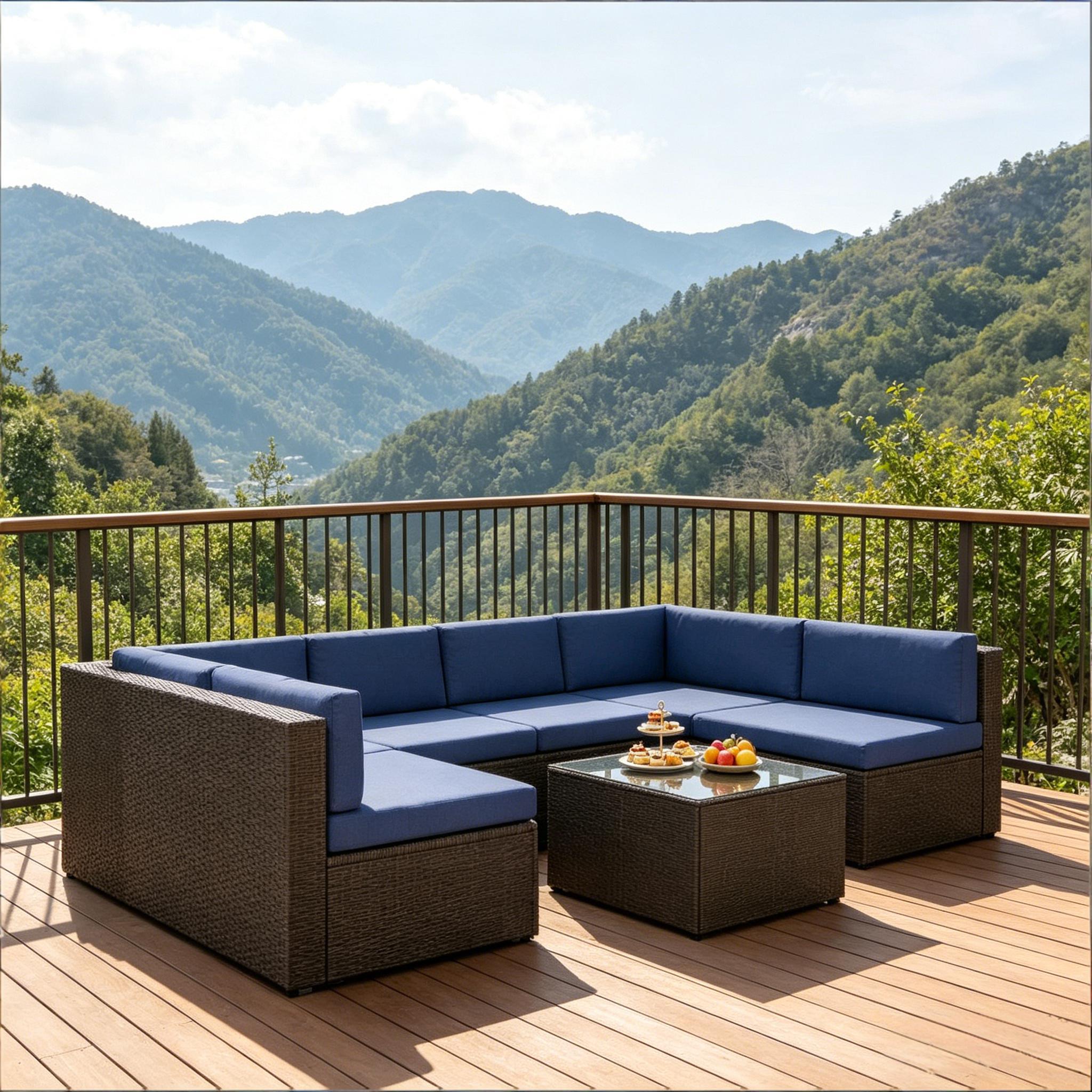 Outdoor Sectional Set PE Rattan Metal Dark Blue Black 7 Piece 264 LB
