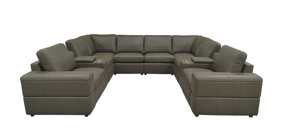 Sectional Sofa Modular Leather Match Olive 8 Seat 2 Recliners 128 In