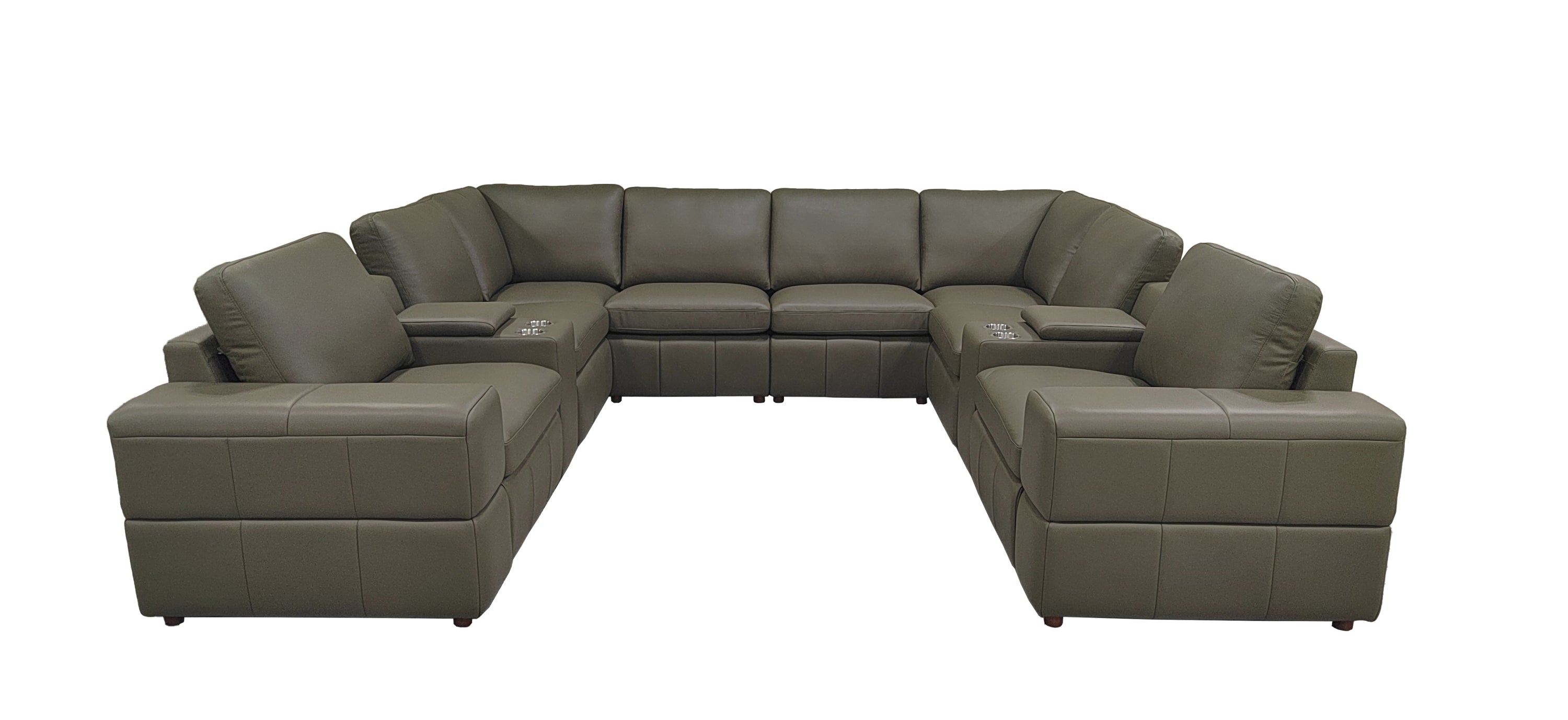 Sectional Sofa Modular Leather Match Olive 8 Seat 2 Recliners 128 In