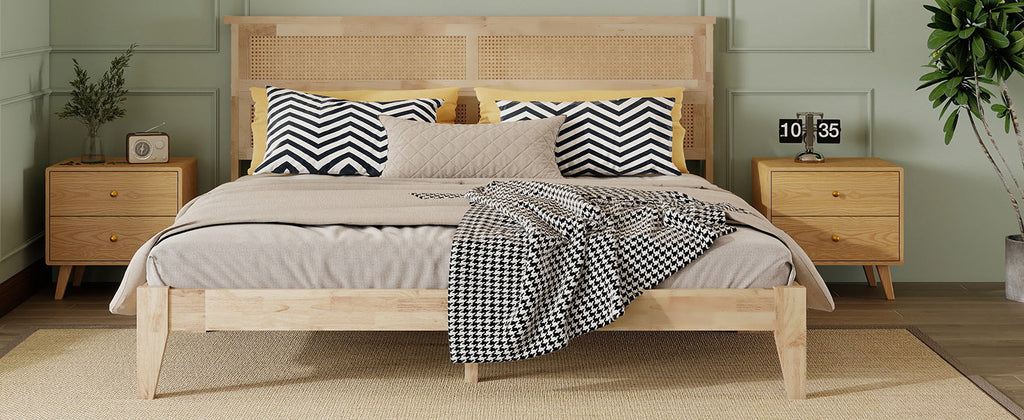 King Size Solid Wood Bed with Rattan Headboard, Rubber Wood Bed with Central