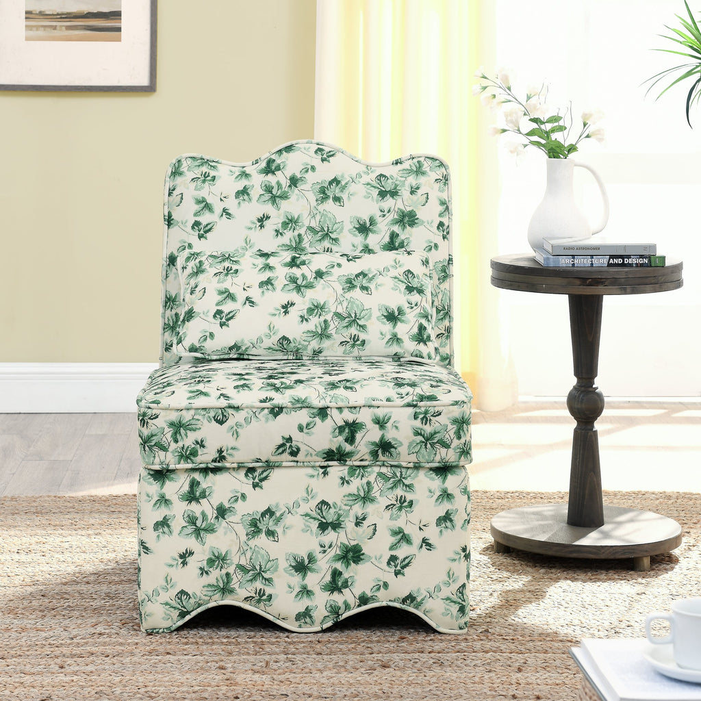 Dining Chair Flannelette Floral Green Armless Wood Frame 25x26x35 In