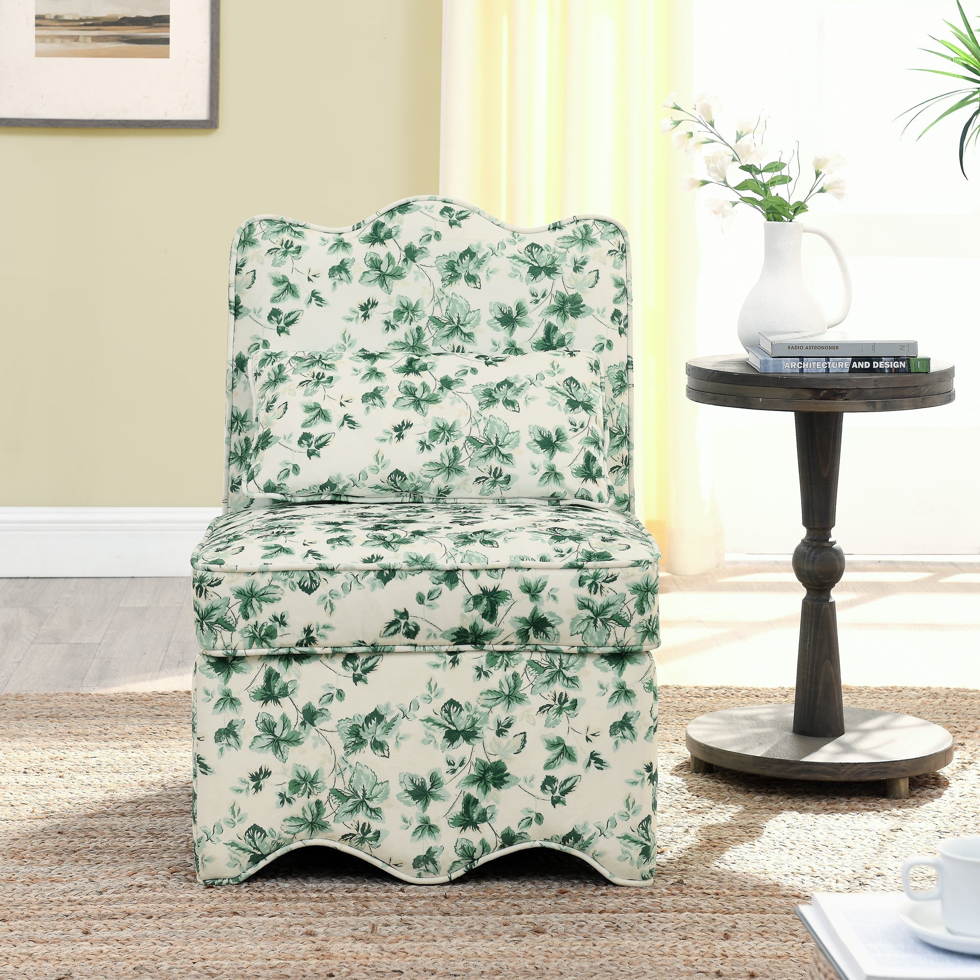 Dining Chair Flannelette Floral Green Armless Wood Frame 25x26x35 In