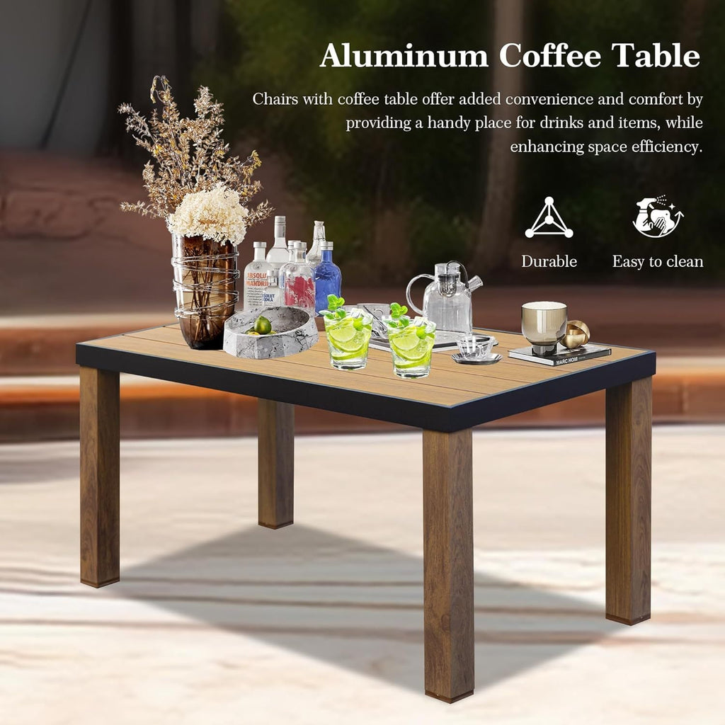 Outdoor Conversation Set Aluminum Woodgrain 4 Piece Sofa 2 Chairs Table