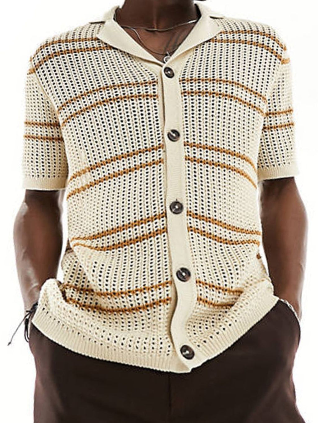 Men's Striped Collared Neck Hollow Out Shirt